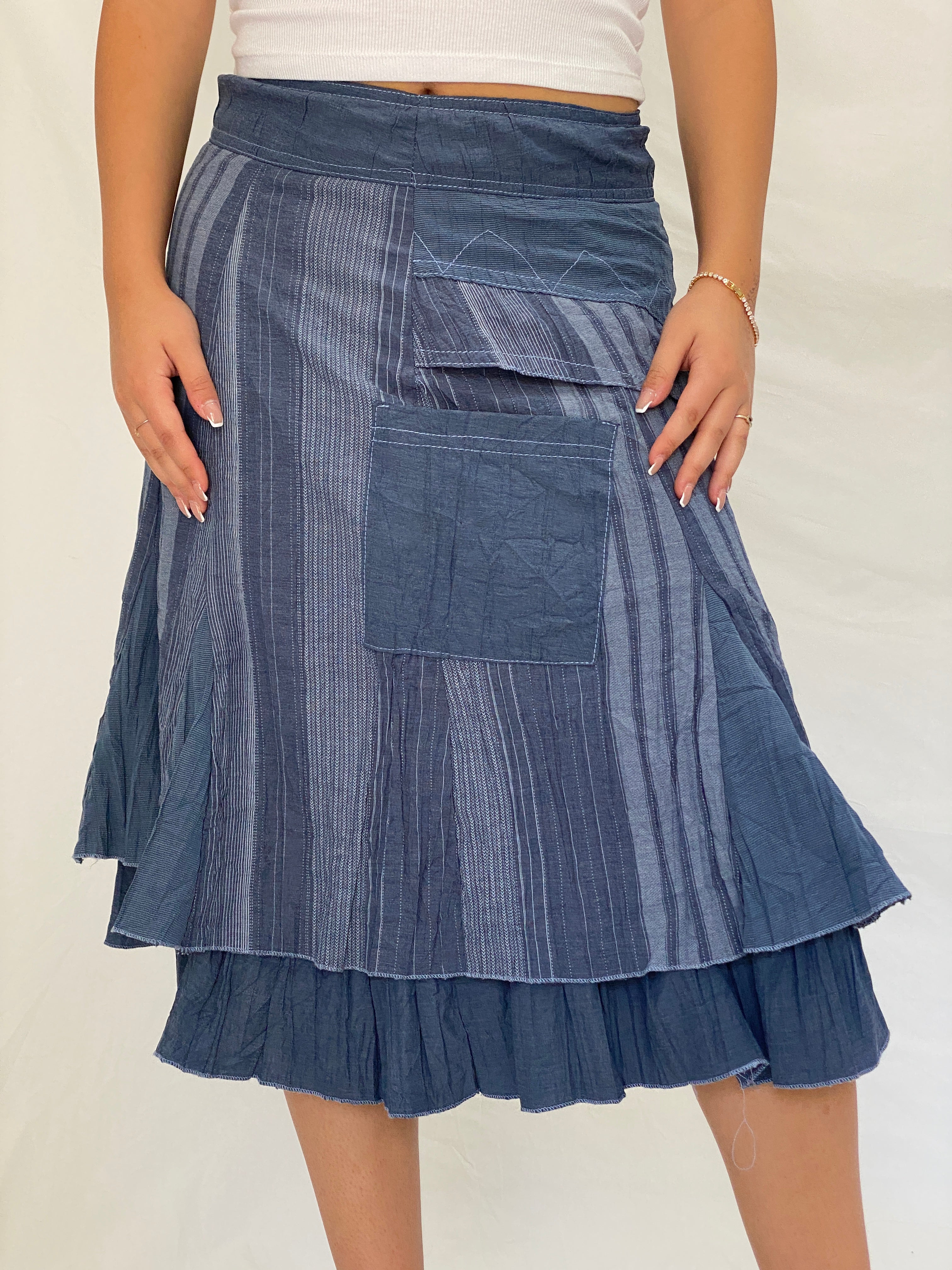 Y2K Affinités Armand Thiery Blue Patchwork Layered Whimsigoth Midi Skirt – L