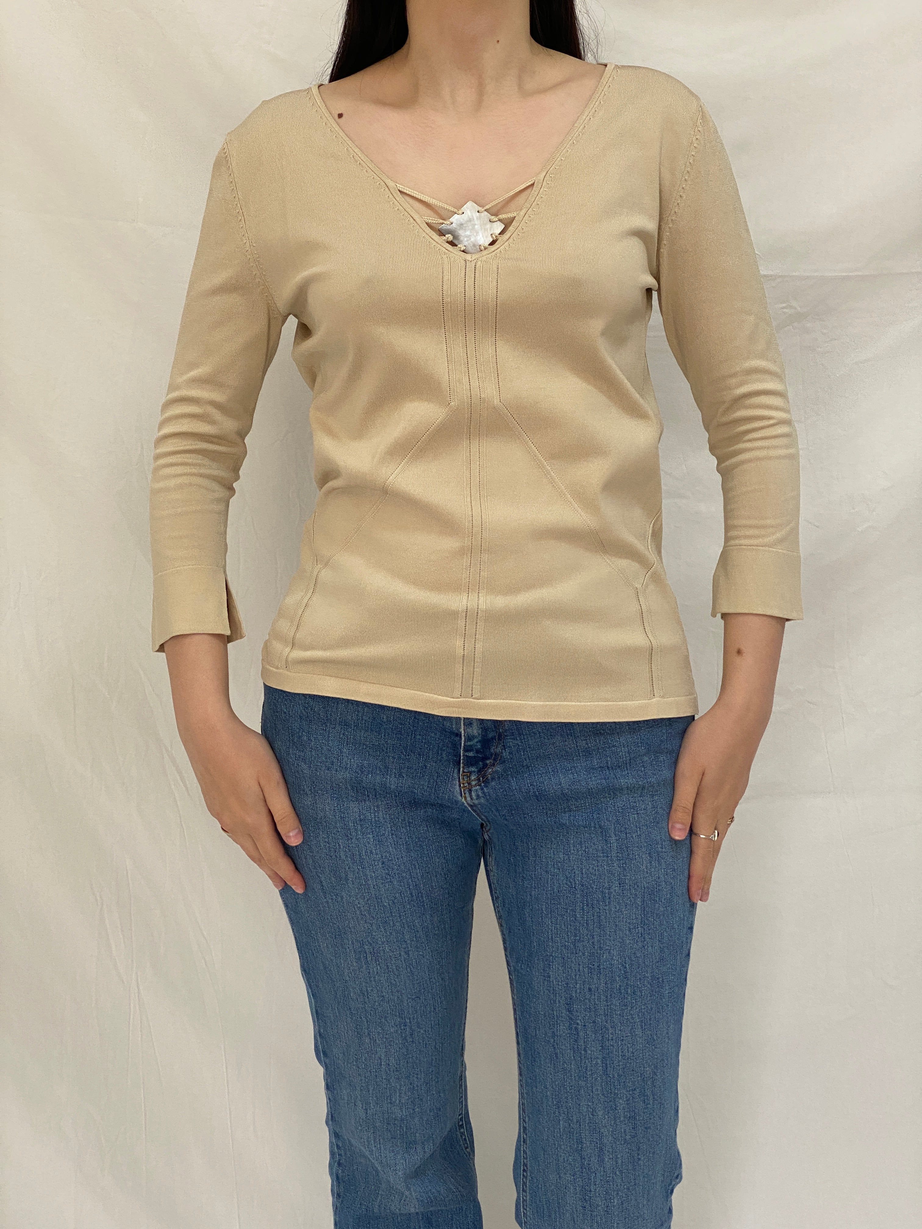 Vintage 90s Apriori Piu Beige Silk Blend Knit Top Minimalist Lace-Up Neckline - M