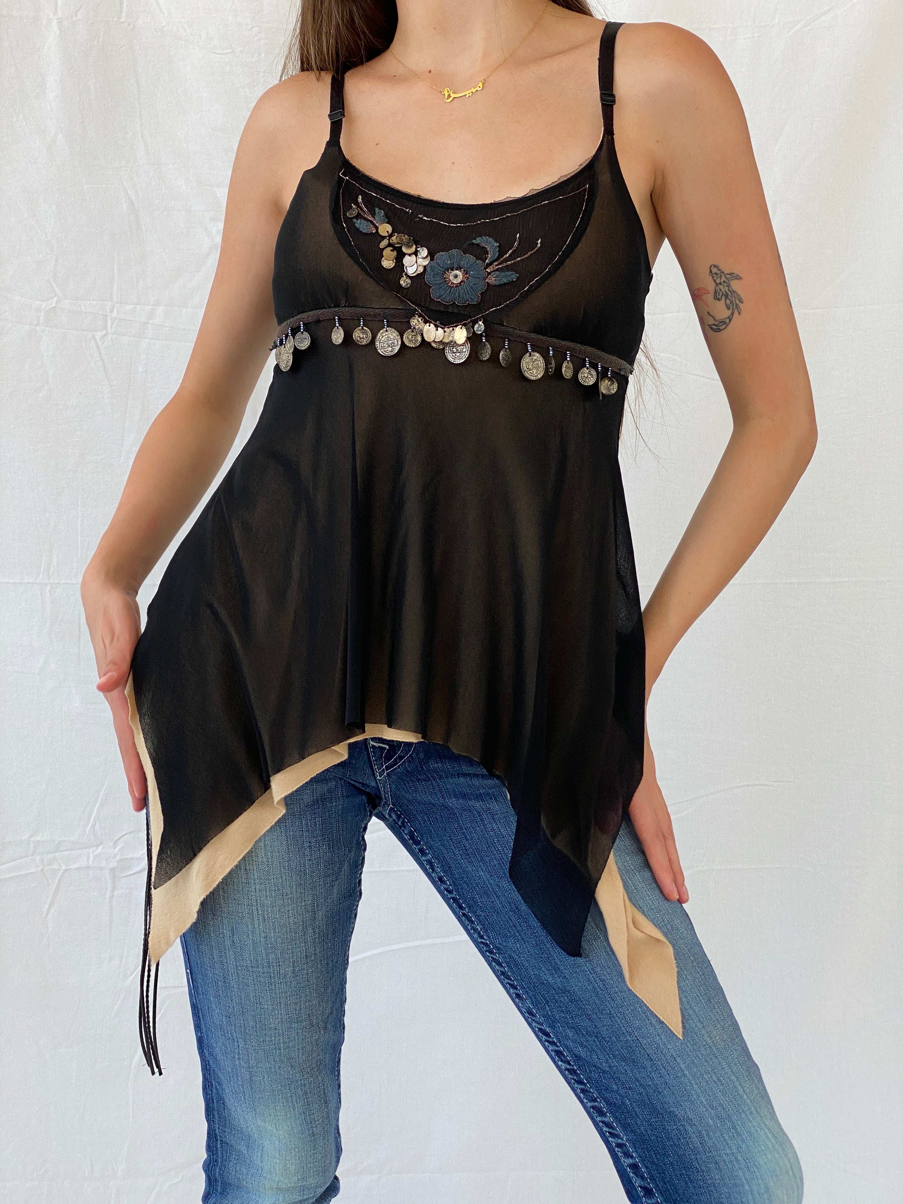 Vintage Y2K Asymmetrical Black Cami Top - S