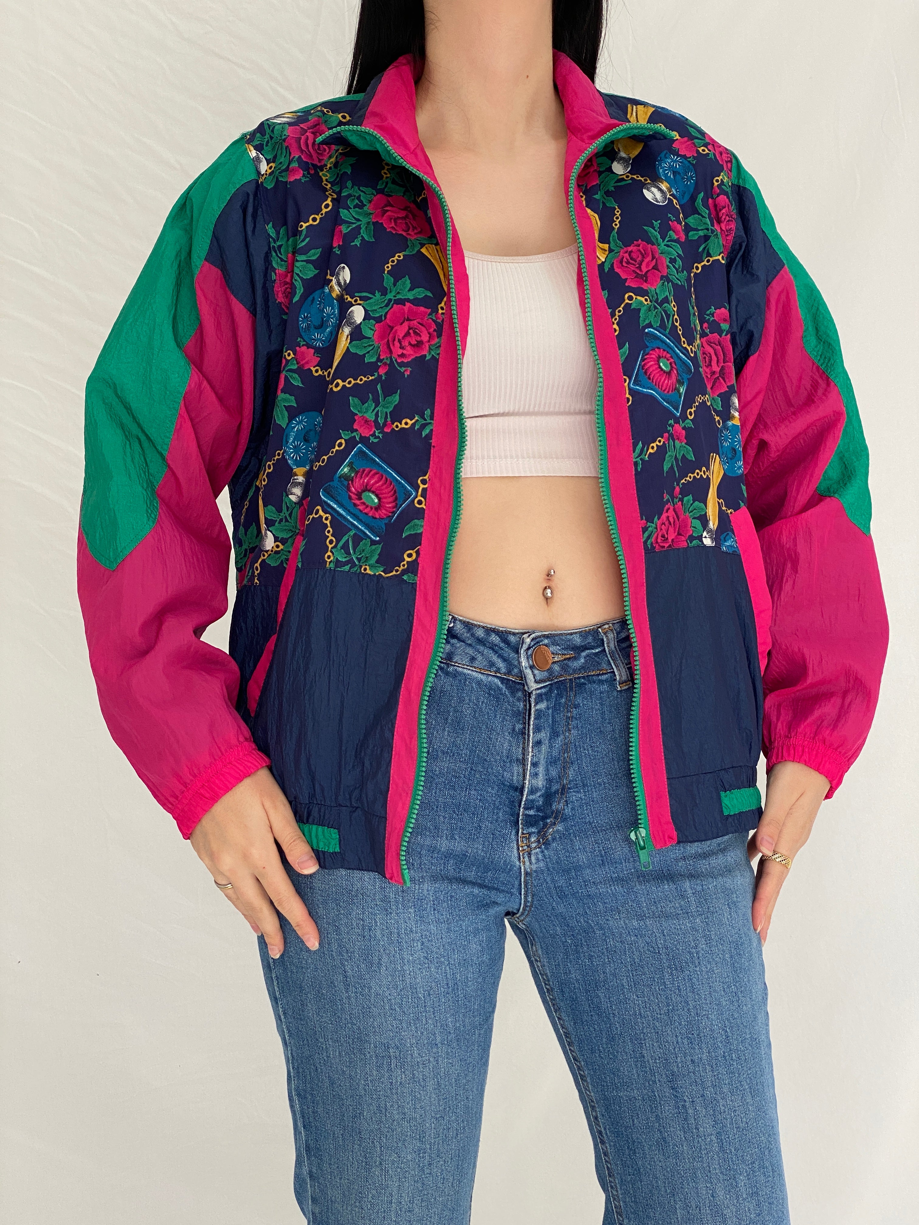 Vintage 90s Active Club Colorblock Windbreaker Track Jacket Navy Pink Green Sports Jacket - S