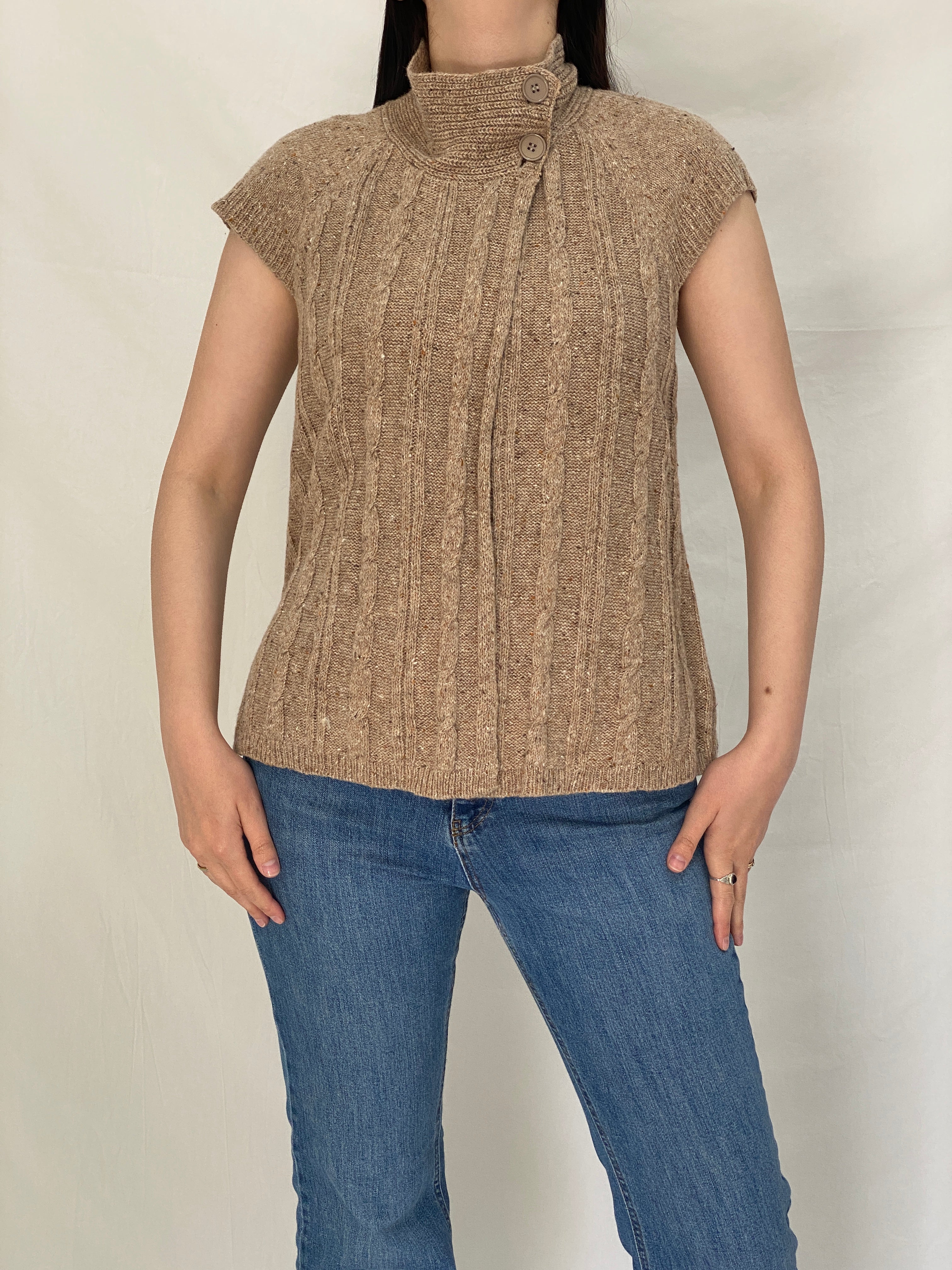 Vintage 90s JW Beige Wool Blend Cable Knit Sleeveless Turtleneck Sweater Vest - Size M