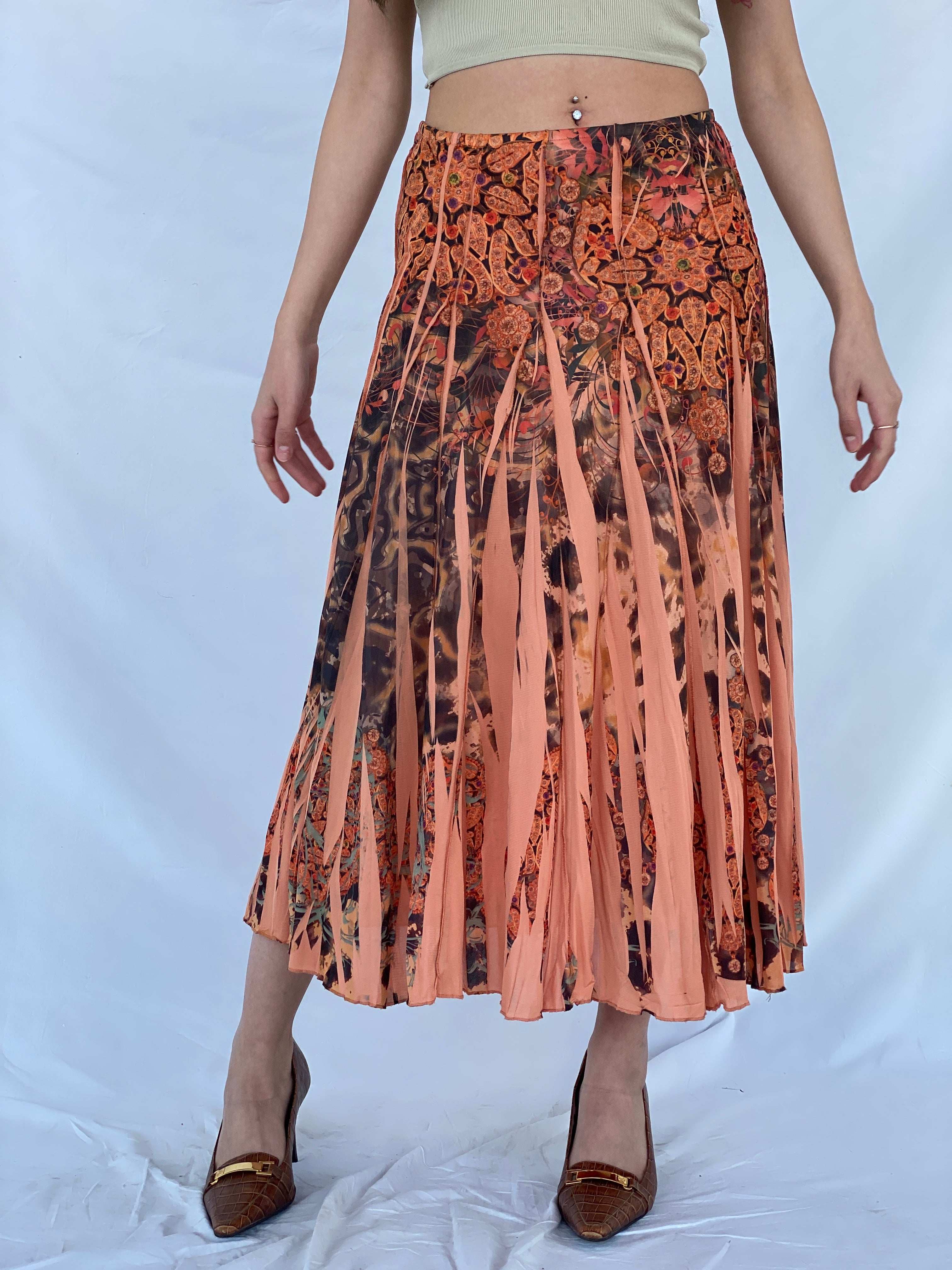 Gorgeous Vintage Orange Boho Print Midi Skirt - Balagan Vintage Midi Skirt 00s, 90s, midi skirt, Mira, NEW IN