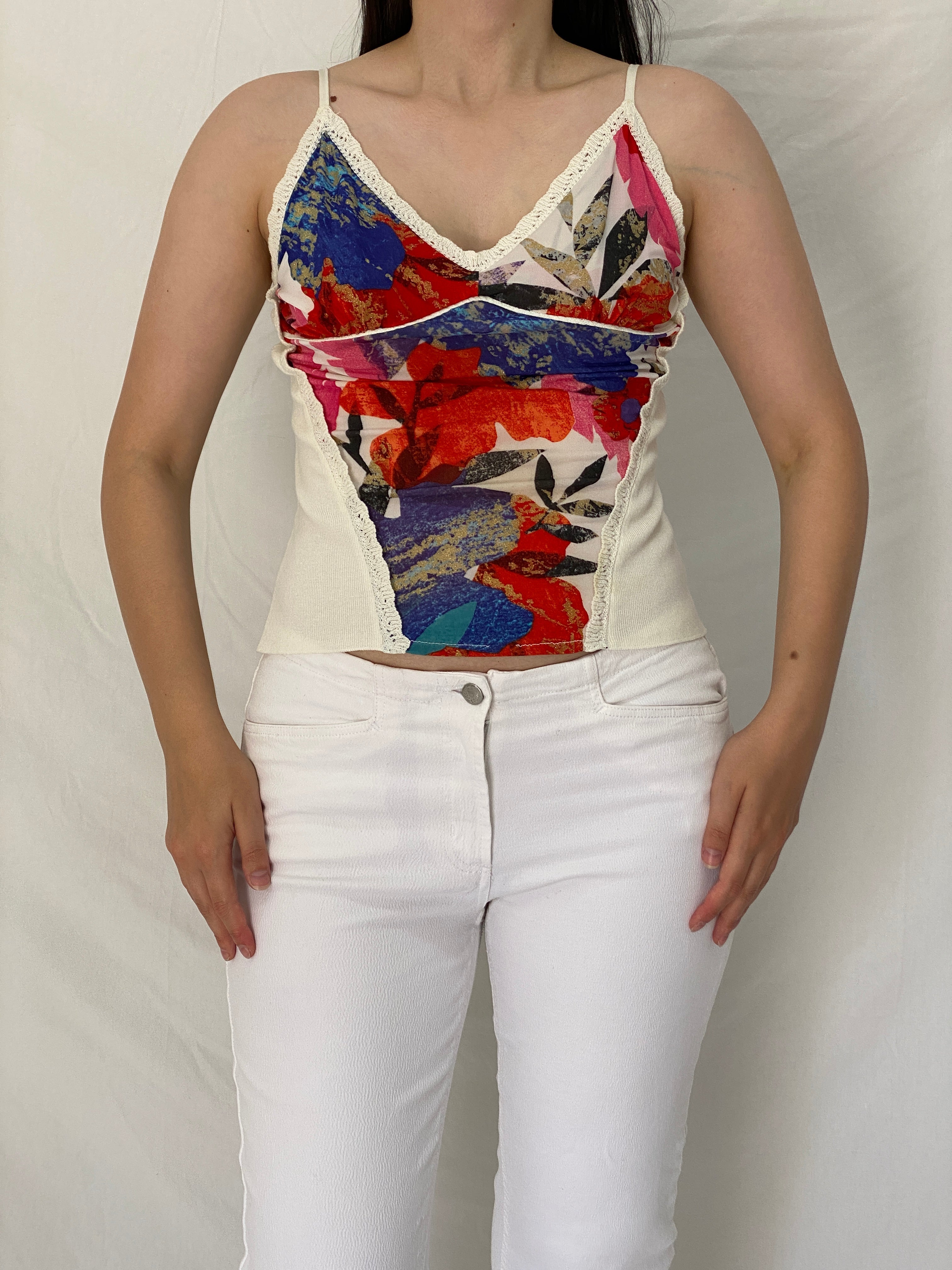 Vintage Y2K Abstract Floral Print Crochet Trim Cami Top Multicolor Knit Panel Cami - M