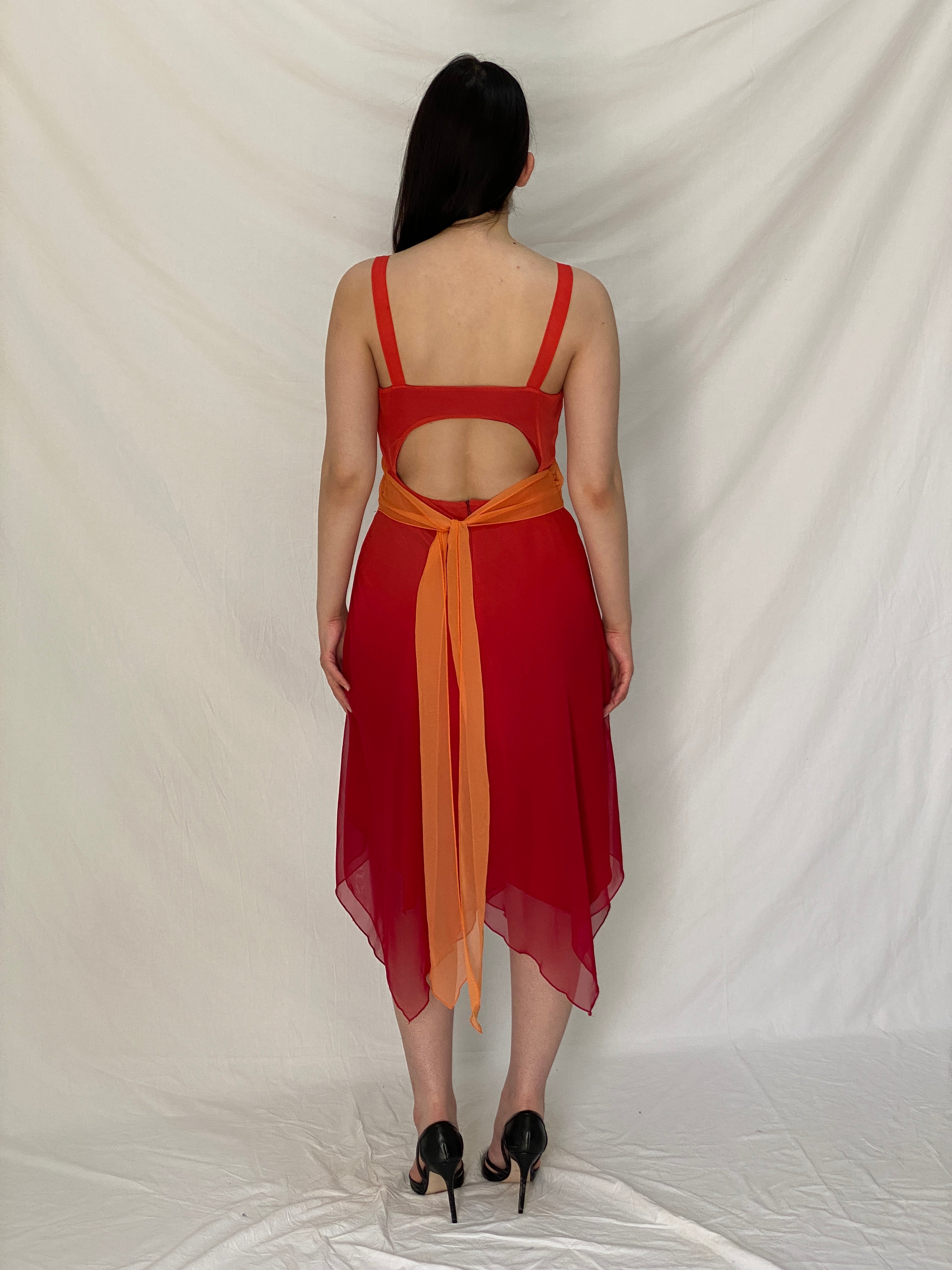 Vintage 90s BAY Red Orange Ombre Chiffon Midi Wedding Guest Dress – M
