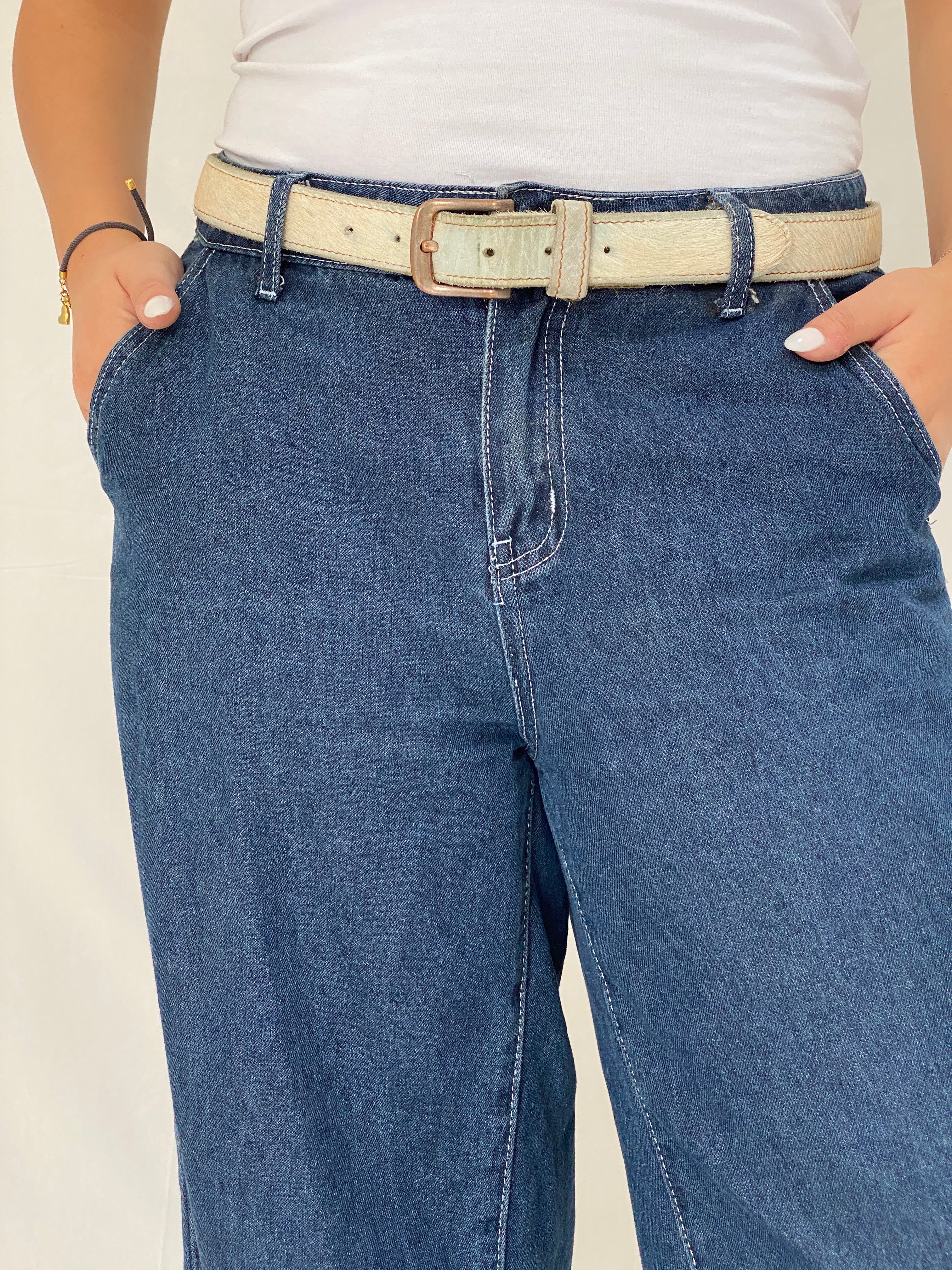 Vintage Costes Hair-On-Hide Genuine Leather Cream Western Belt