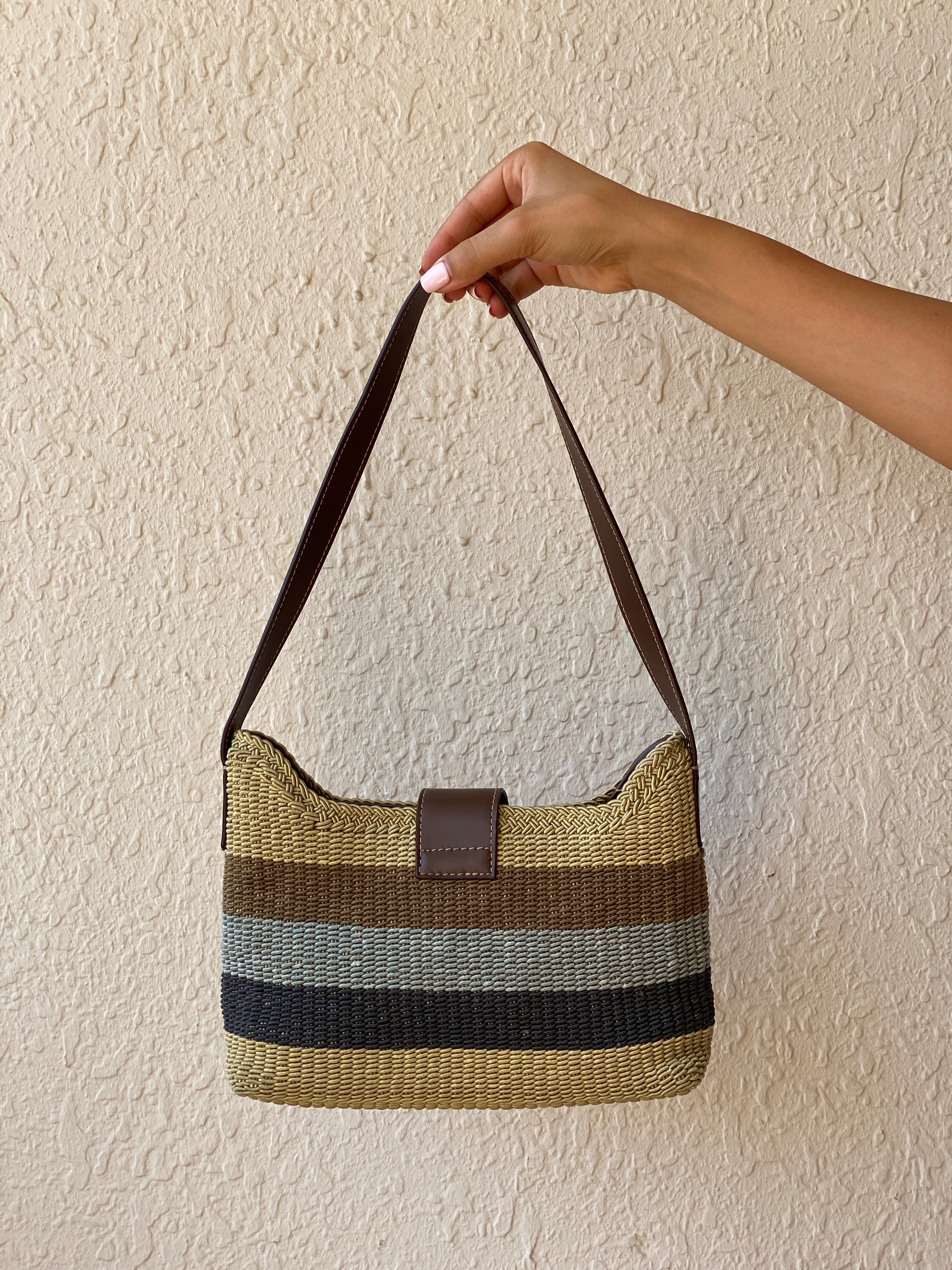 Vintage Y2K Liz Claiborne Neutral Striped Woven Shoulder Bag