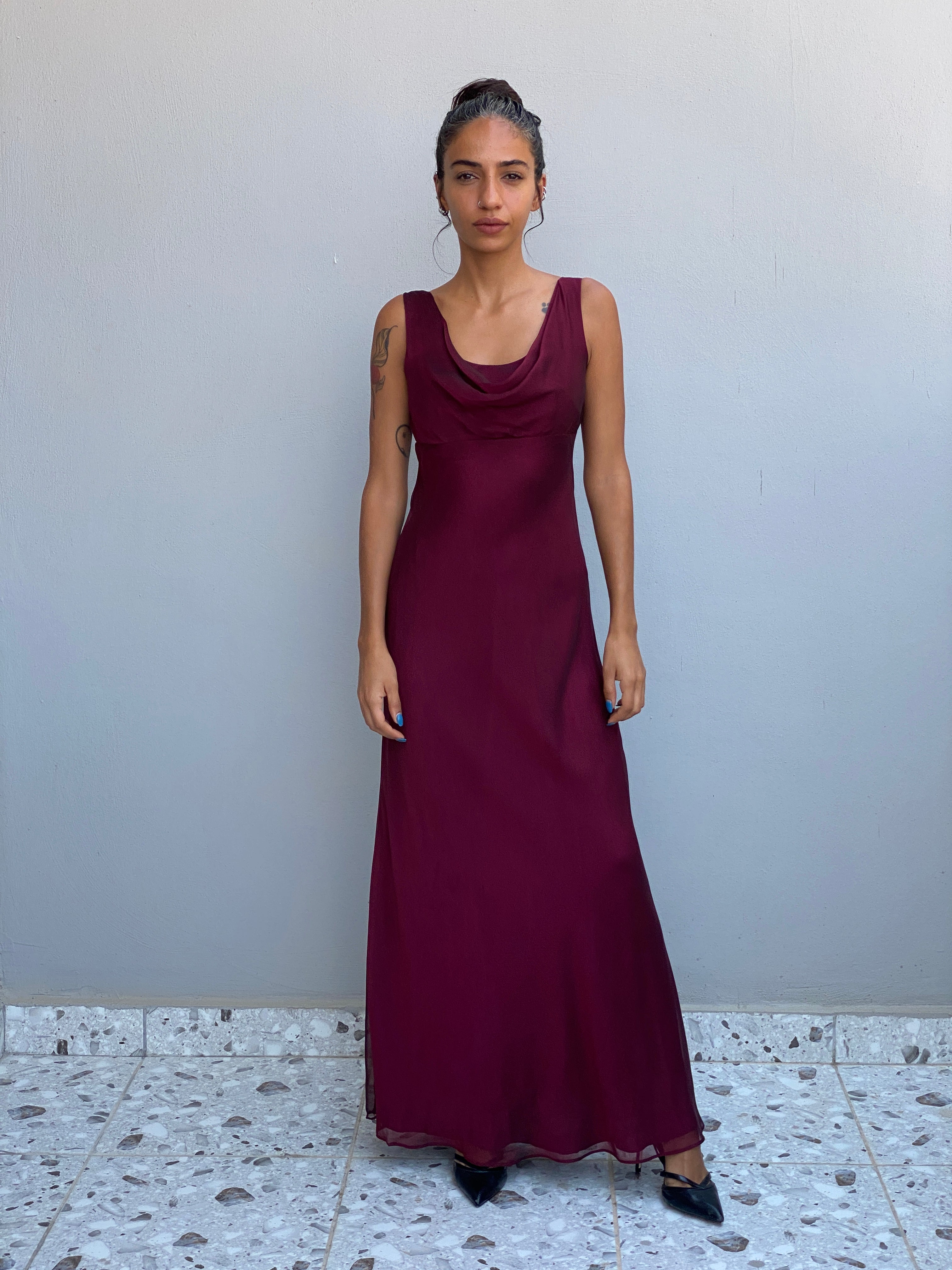 Vintage Y2K Betsy & Adam by Jaslene Burgundy Chiffon Cowl Neck Evening Gown - S