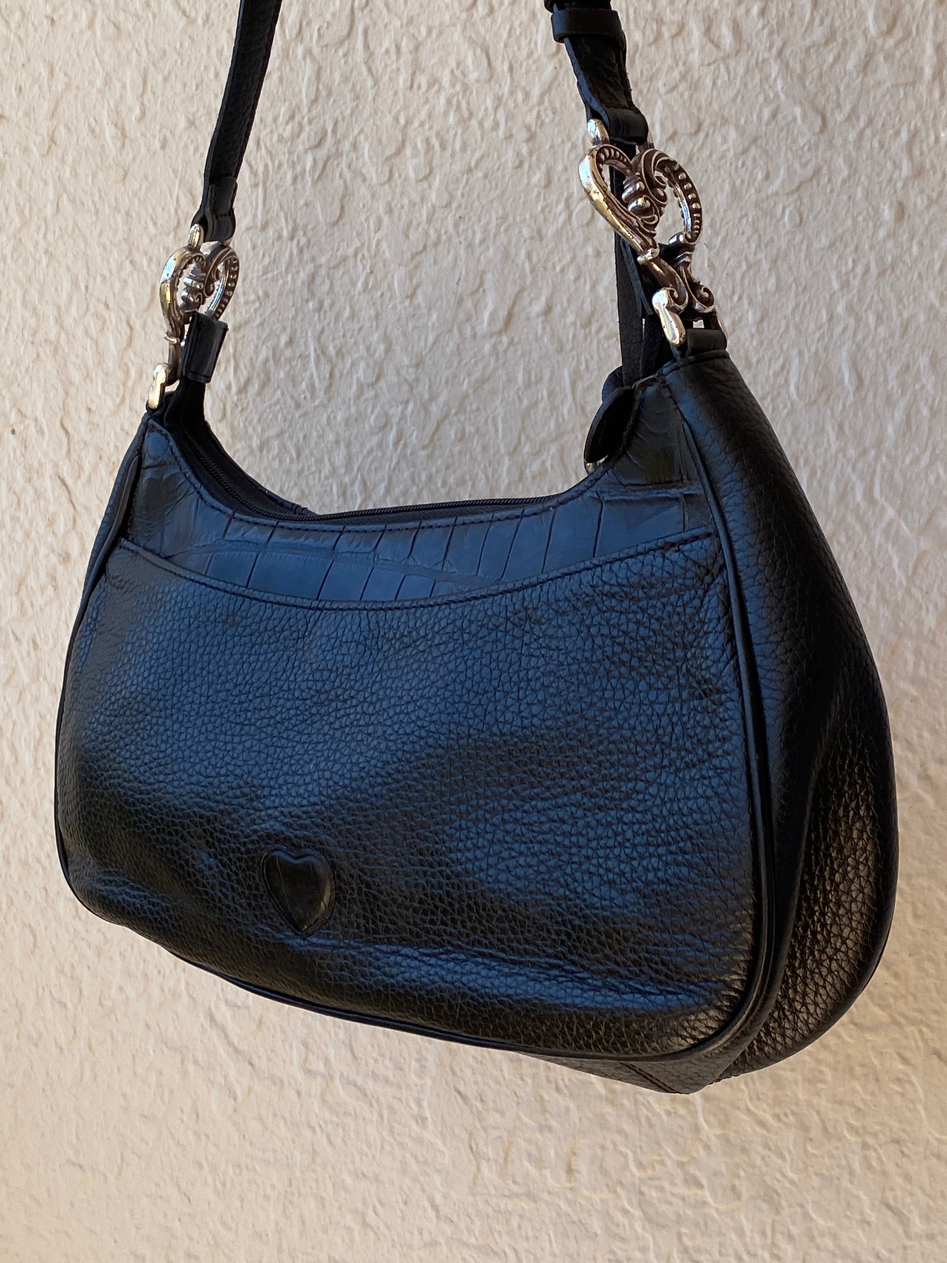 Vintage Y2K Brighton Black Genuine Leather Whimsigoth Shoulder Bag with Heart Charm