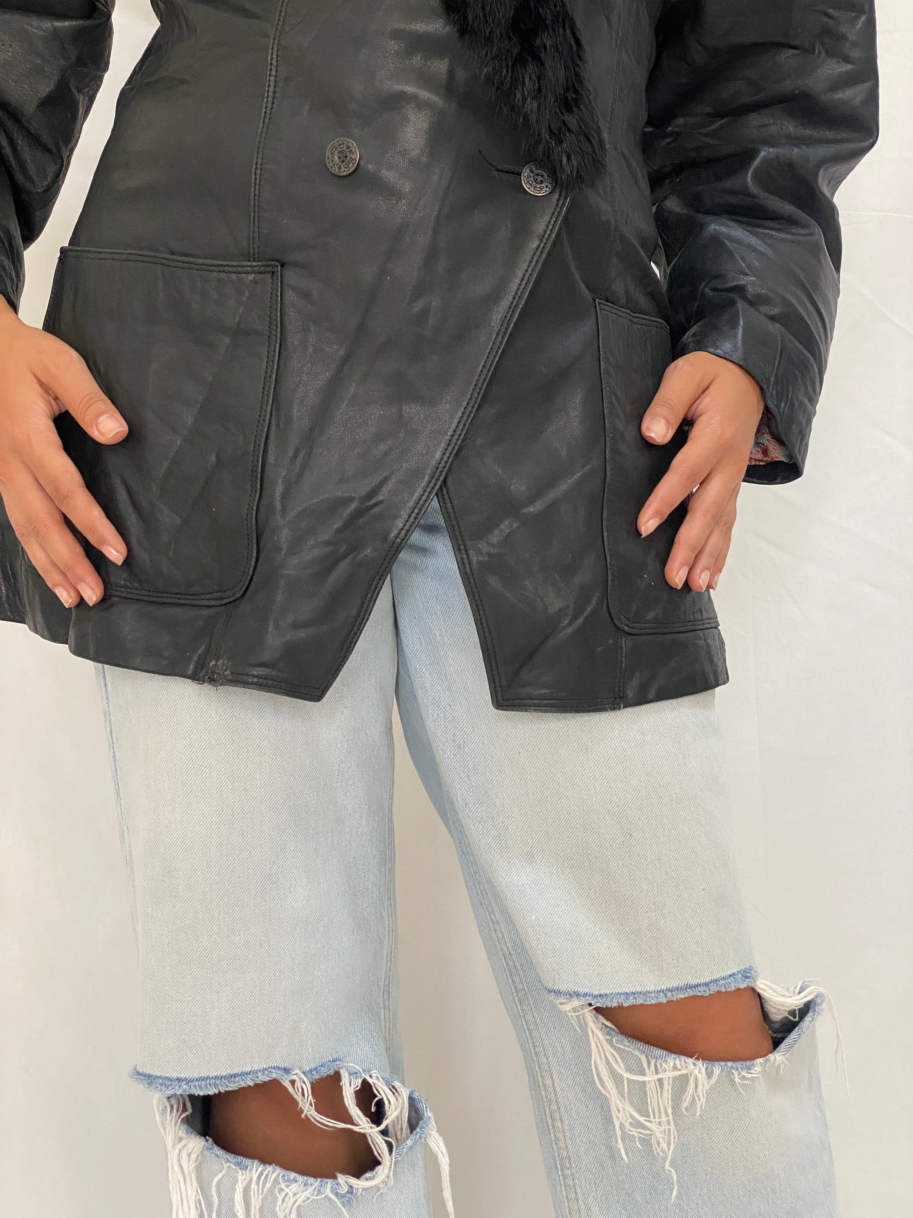 Vintage Patricia Italian Leather Coat Black Fur Collar 80s Oversized Blazer Jacket - M