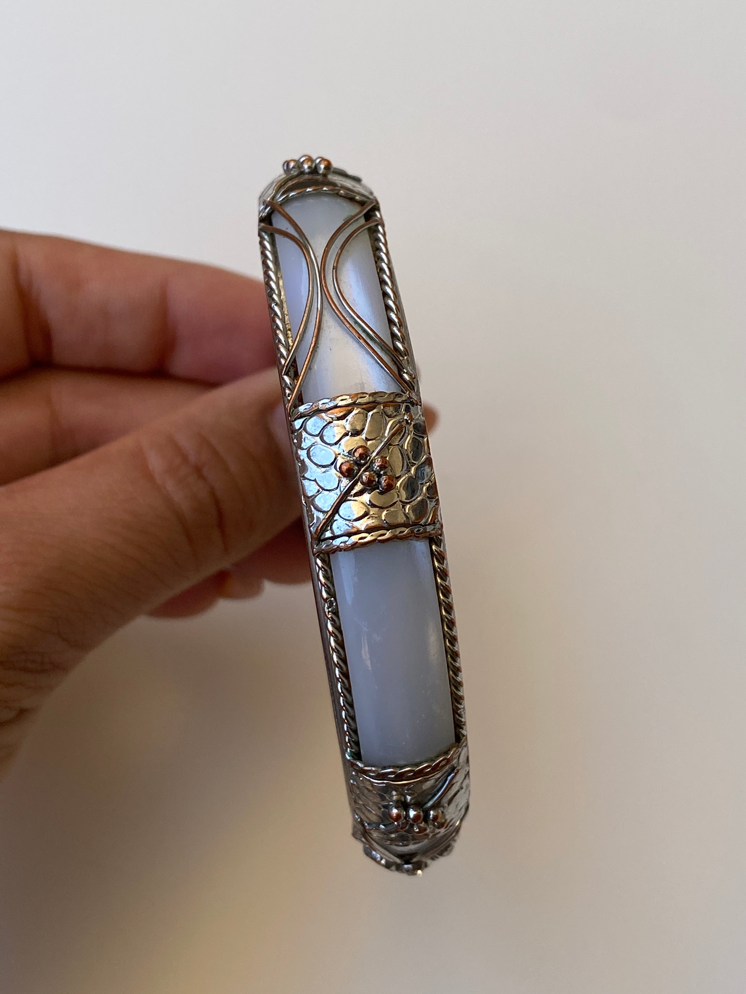 Vintage White Enamel & Silver-Tone Ornate Bangle Bracelet Rhinestone Detail