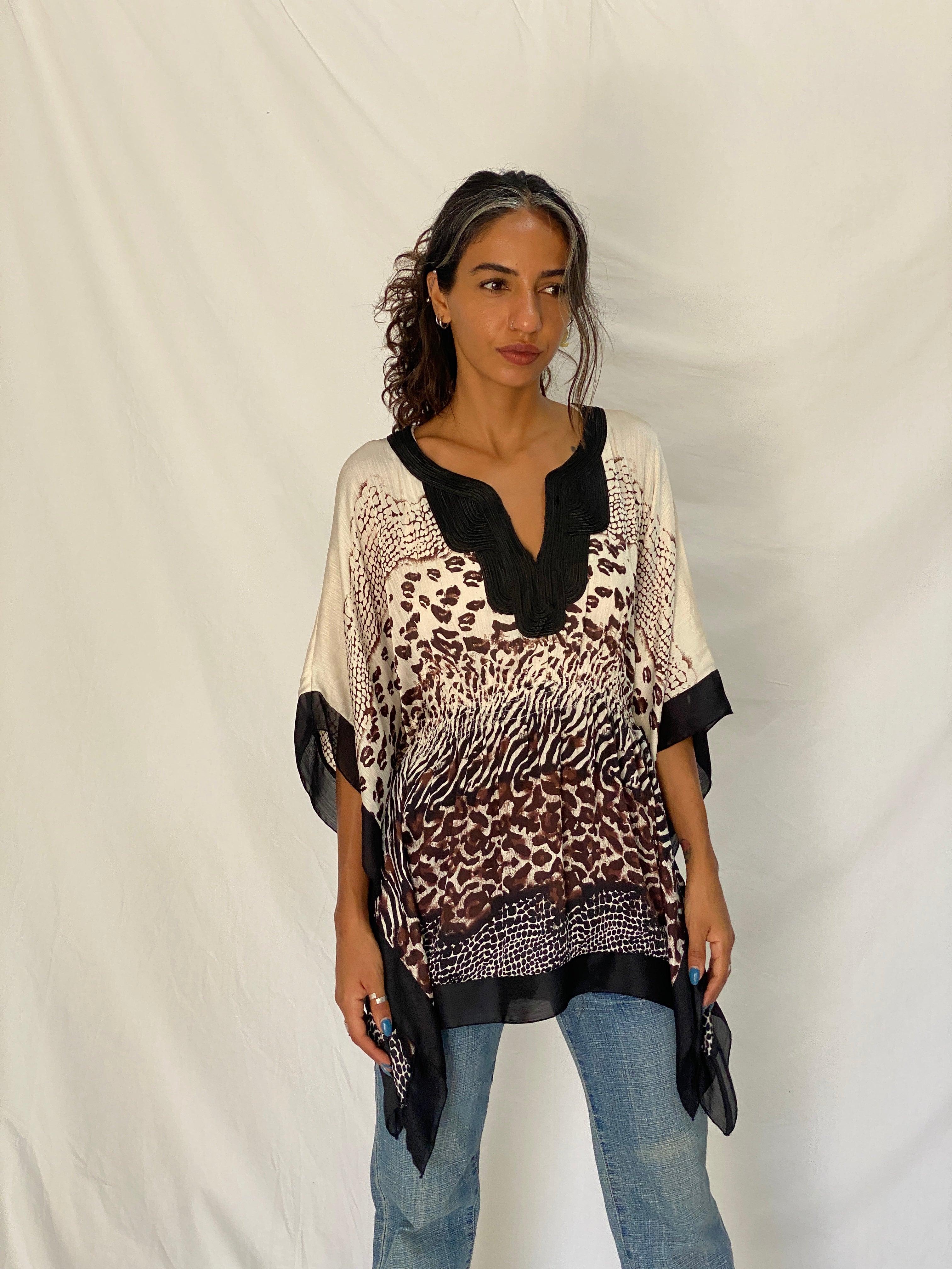 Vintage Y2K Kaelyn-Max Cream & Brown Animal Print Polyester Boho Kaftan Tunic Top - M