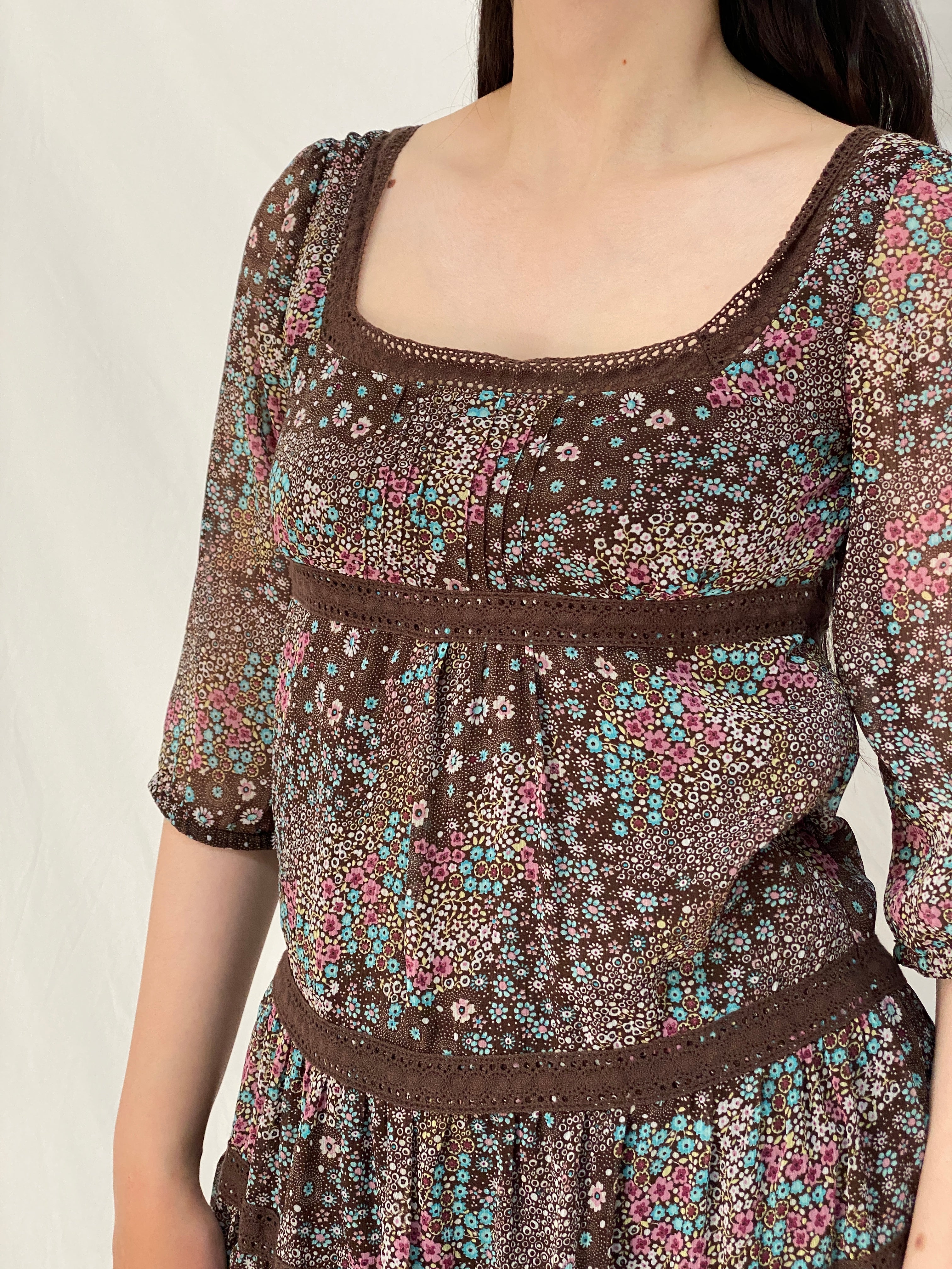 Vintage Y2K Pimkie Brown Floral Babydoll Mini Dress Sheer Cottagecore Boho Dress - M