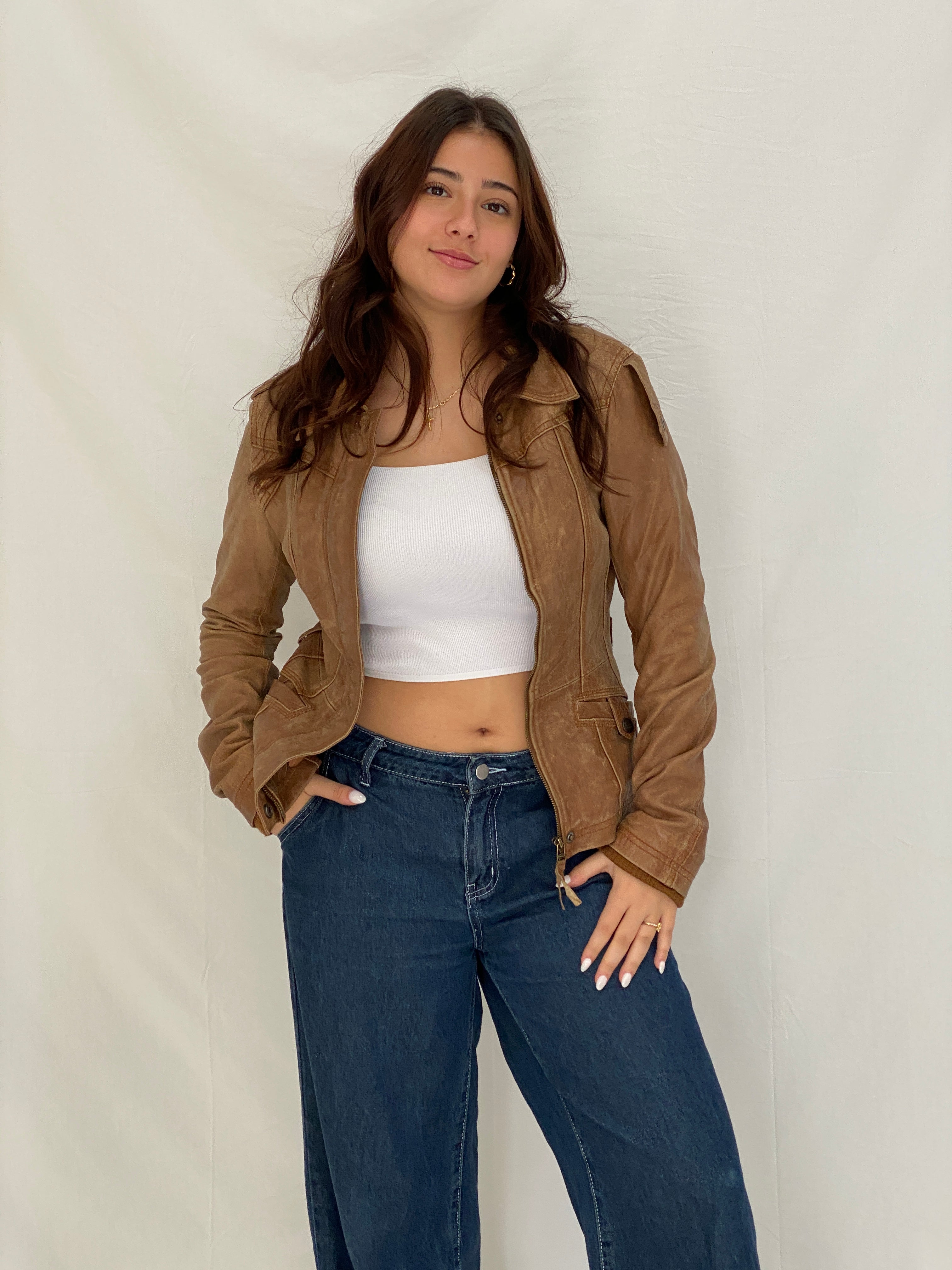 Y2K Stradivarius Real Leather Moto Tan Leather Biker Jacket - M