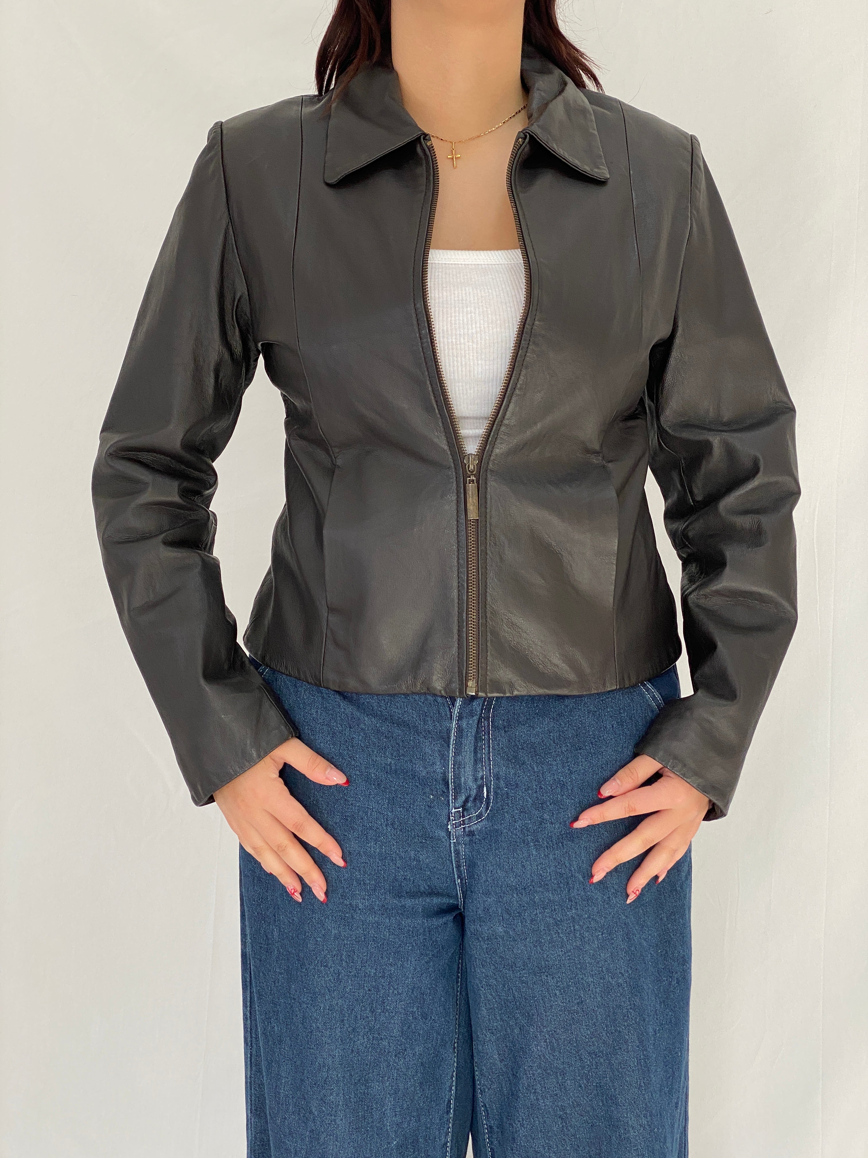 GUDDO Dark Chocolate Brown Genuine Leather Zip-Up Jacket – M