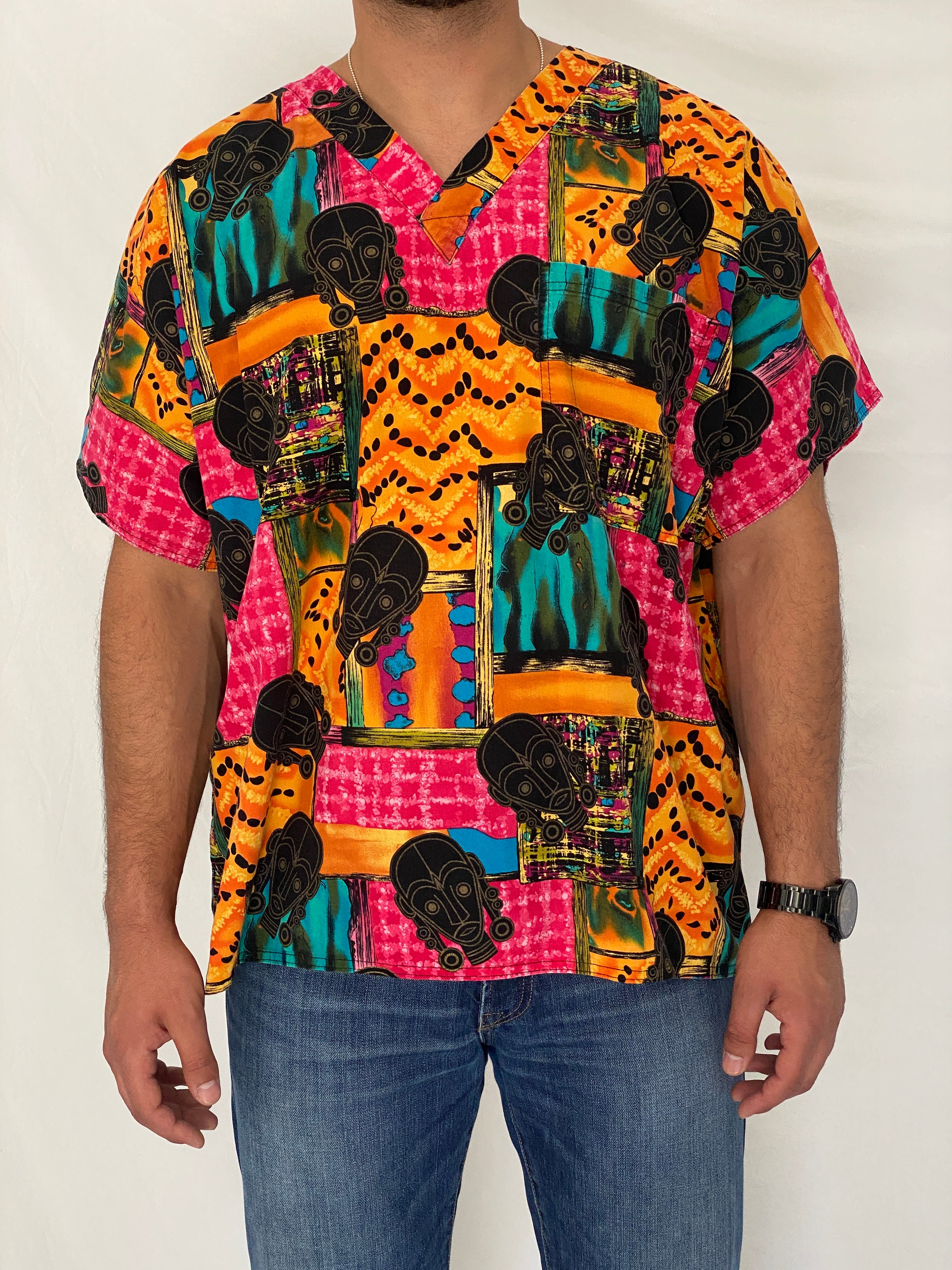 Vintage 90s S.C.R.U.B.S. Abstract African Print Cotton Scrub Top - 2XL