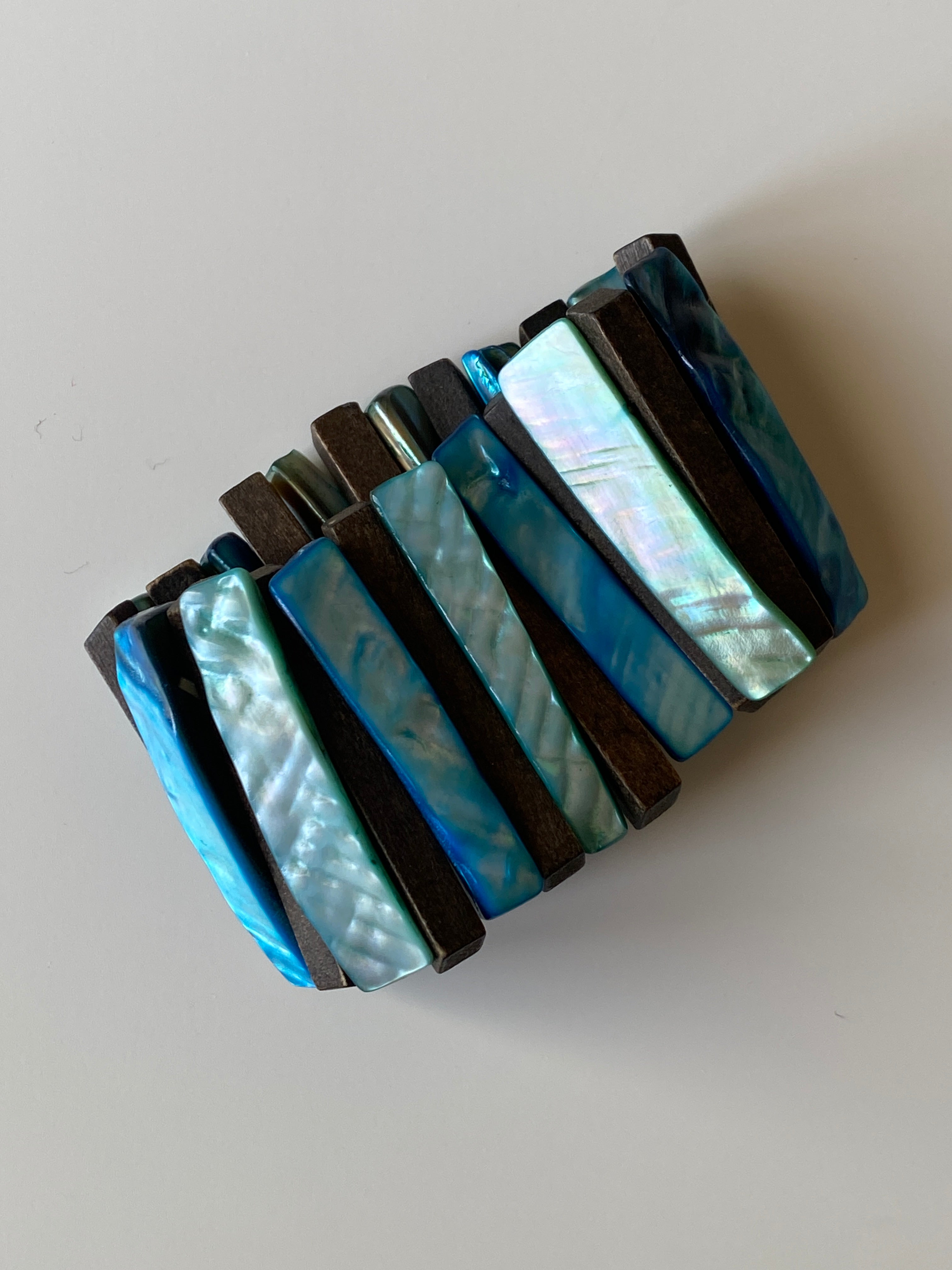 Vintage Mother of Pearl & Wooden Tile Elastic Bracelet Blue Shell Statement Bracelet