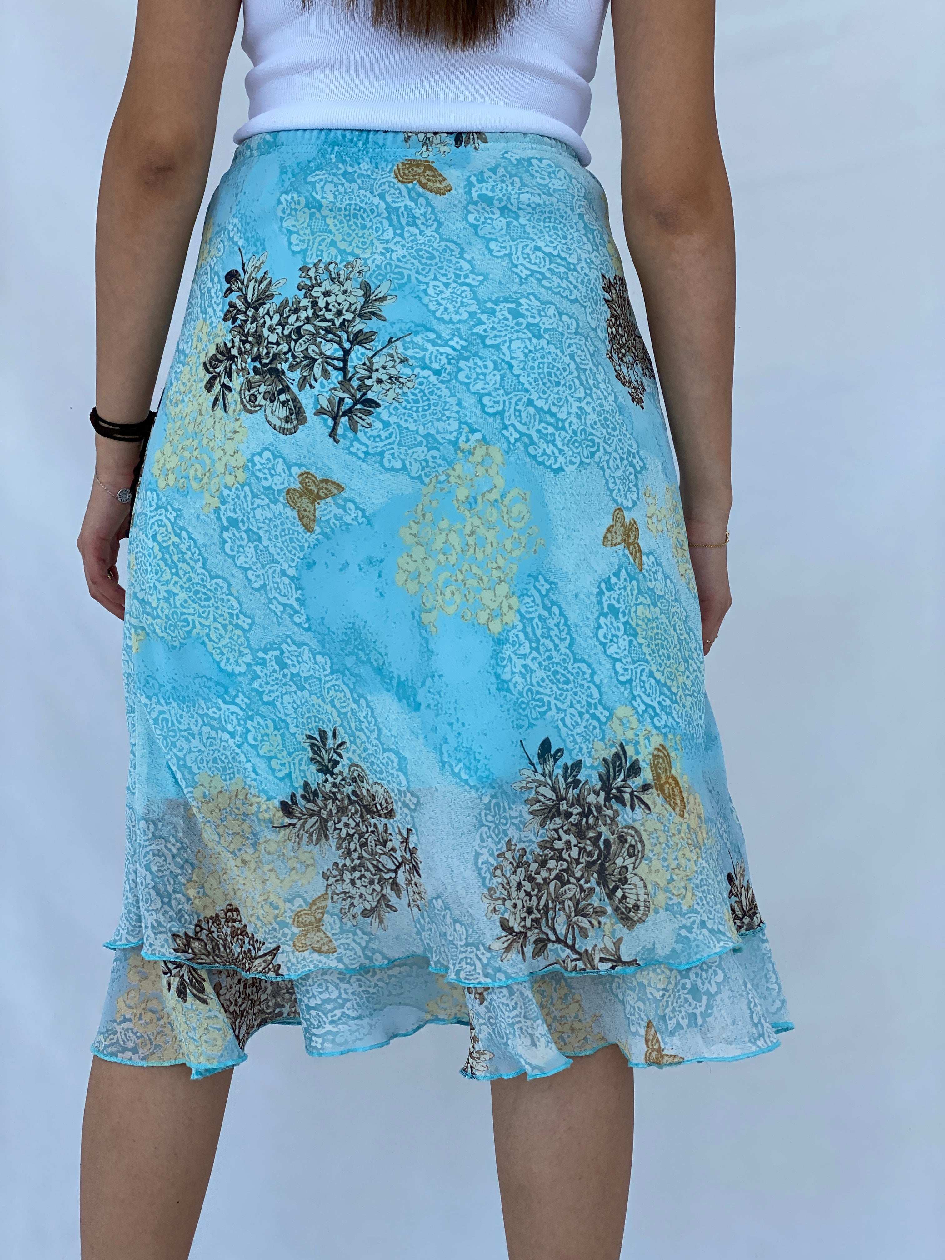Dreamy 90s Blue Floral Midi Skirt