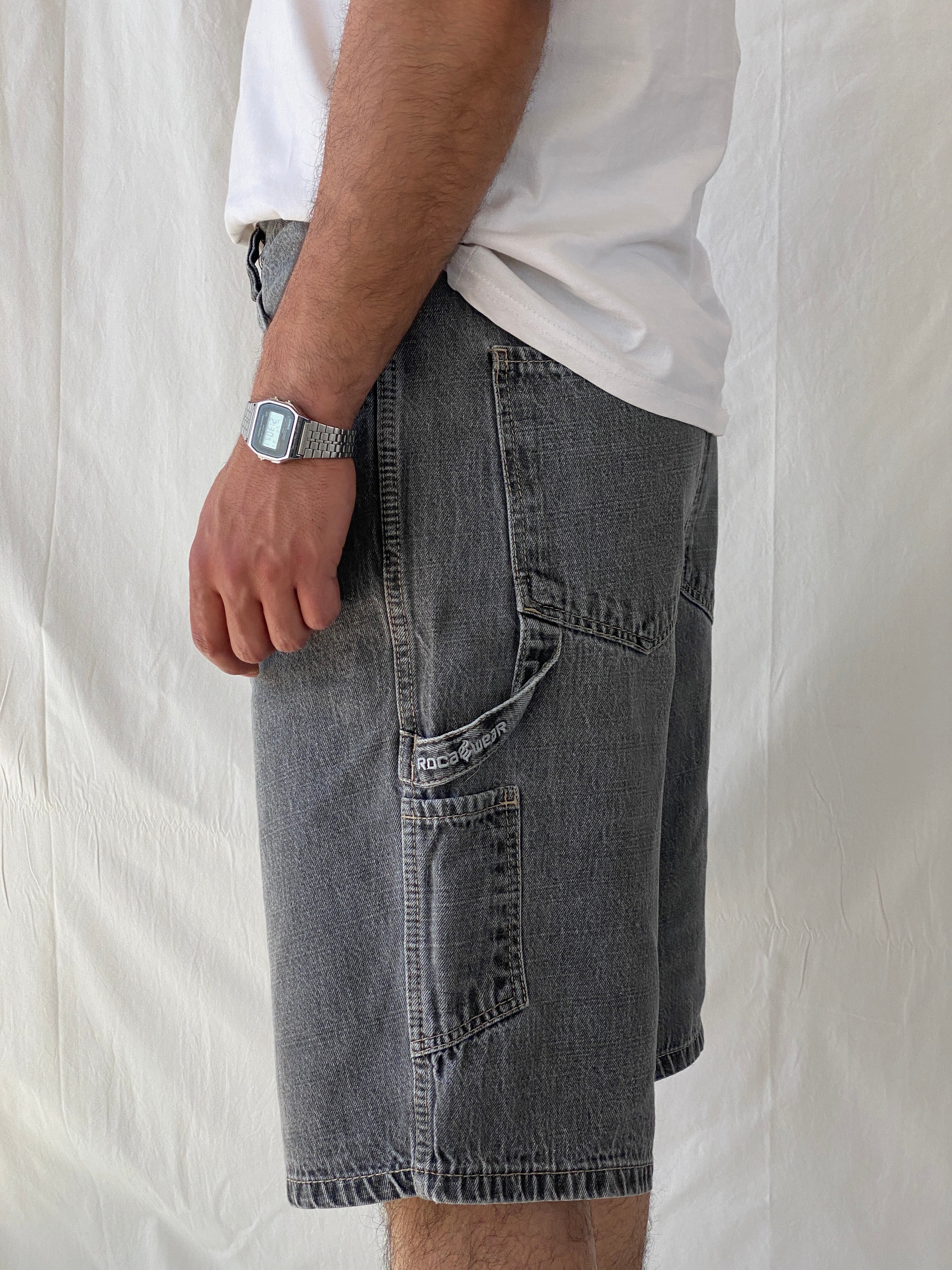 Y2K ROCAWEAR Washed Black Denim Shorts Streetwear Utility Gray Hip Hop Jorts