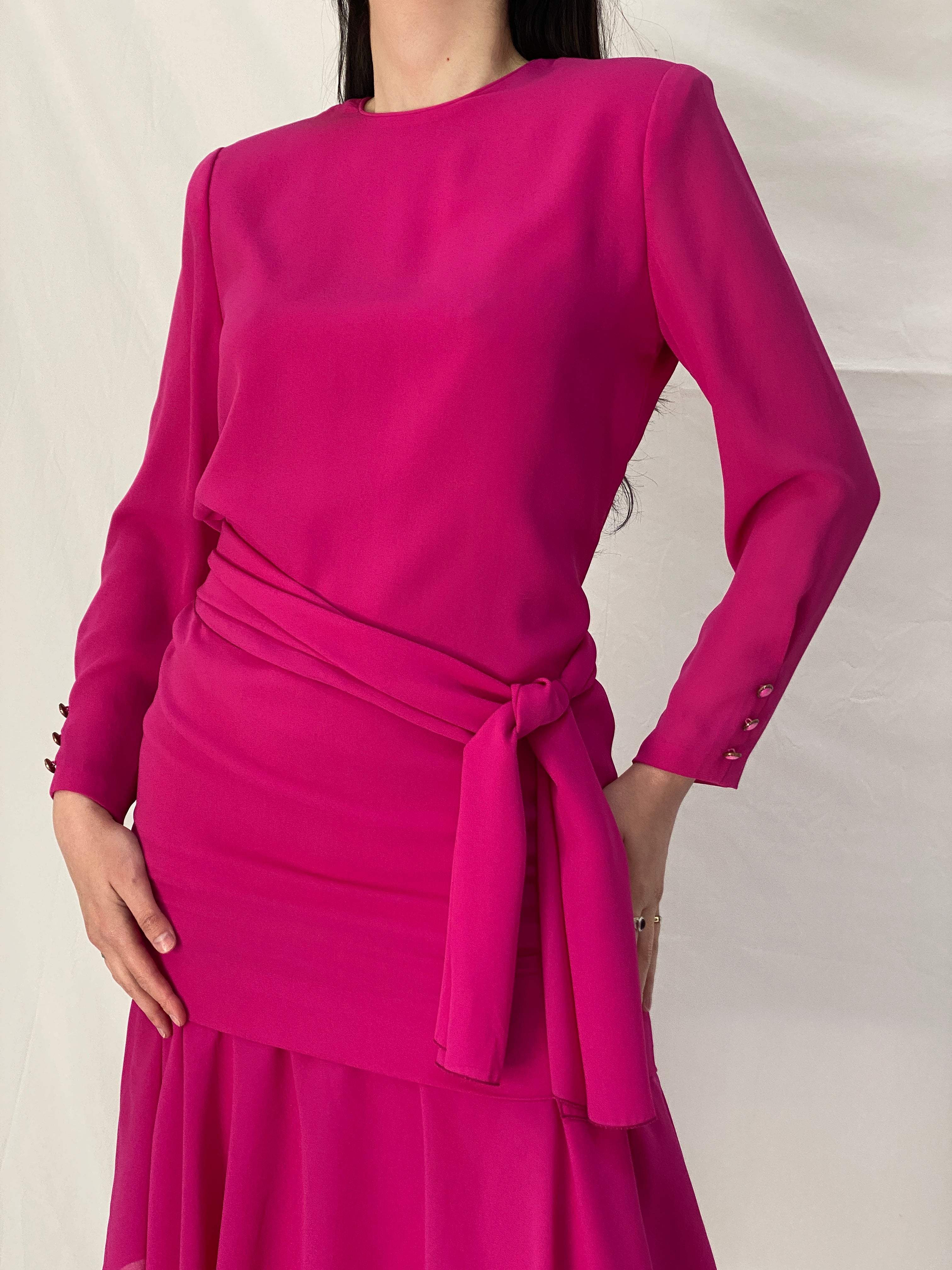 Vintage 80s Henry-Lee Hot Pink Statement Shoulder Mini Dress - S