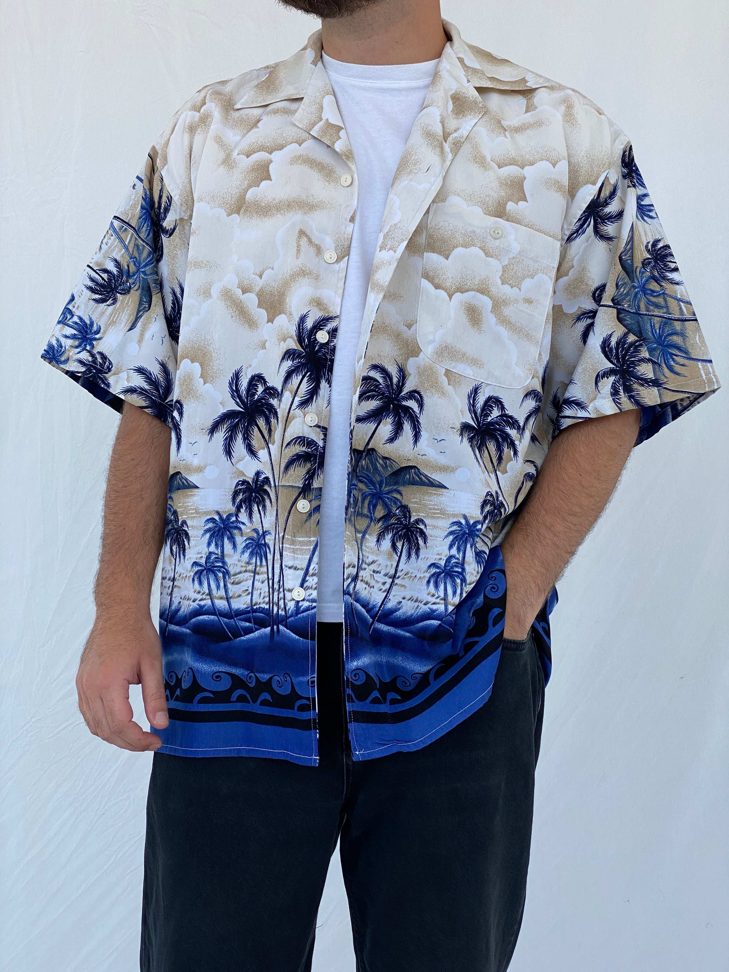 Vintage Ferugini Hawaiian Blue and Beige Palm Trees Hawaii Shirt - L - Balagan Vintage Half Sleeve Shirt 90s, half sleeve shirt, Hawaiian shirt, Iyad, mens shirt, NEW IN, printed shirt