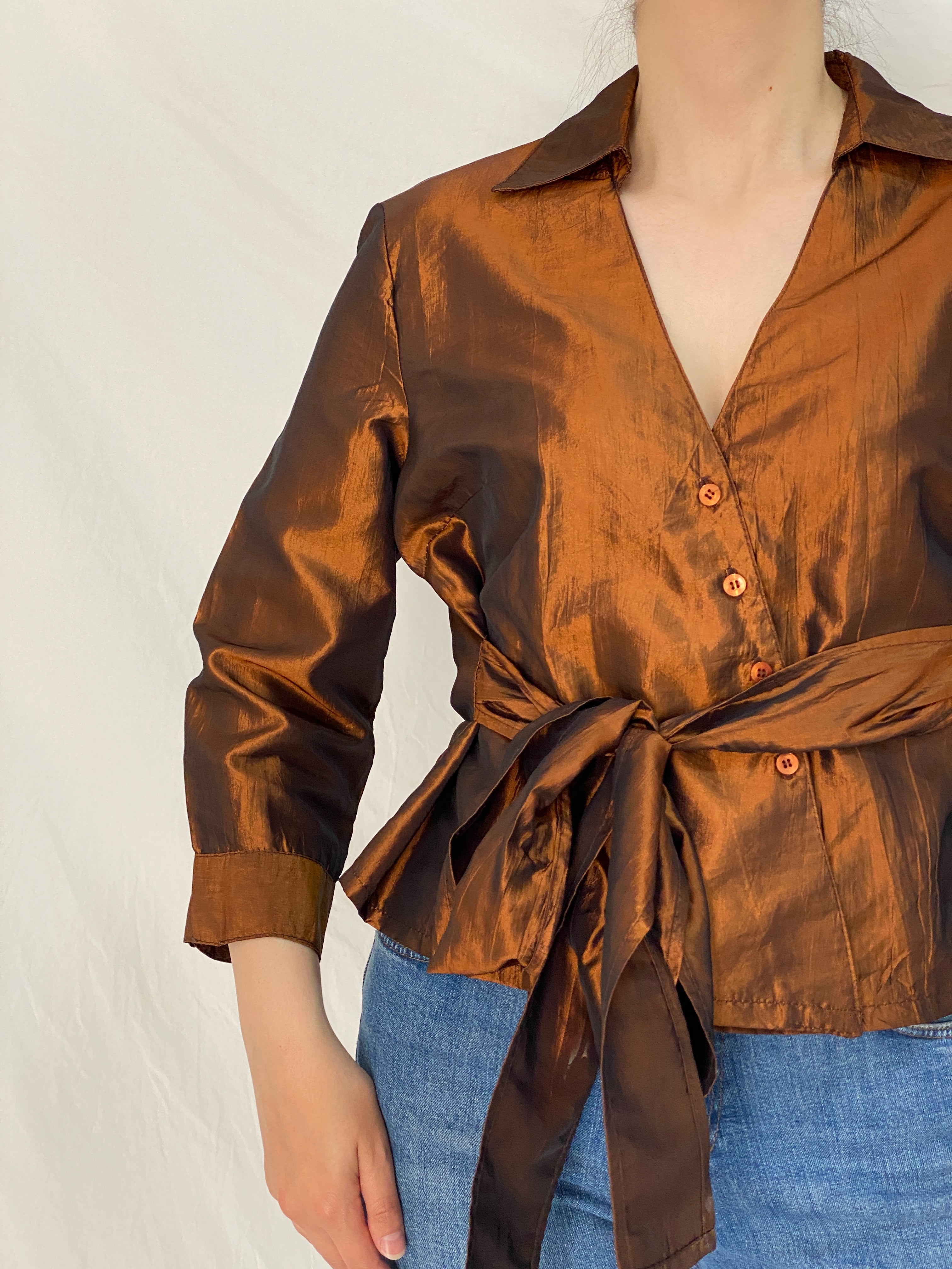 Vintage Pleno Bronze Metallic Wrap Blouse Tie Waist Shimmer Top - L