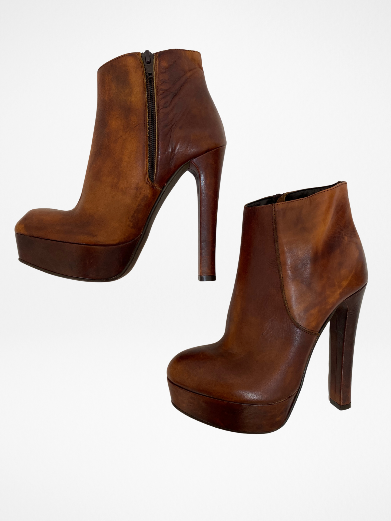 Network Genuine Leather Platform Ankle Boots Distressed Brown High Heel Statement Shoes - EU 38