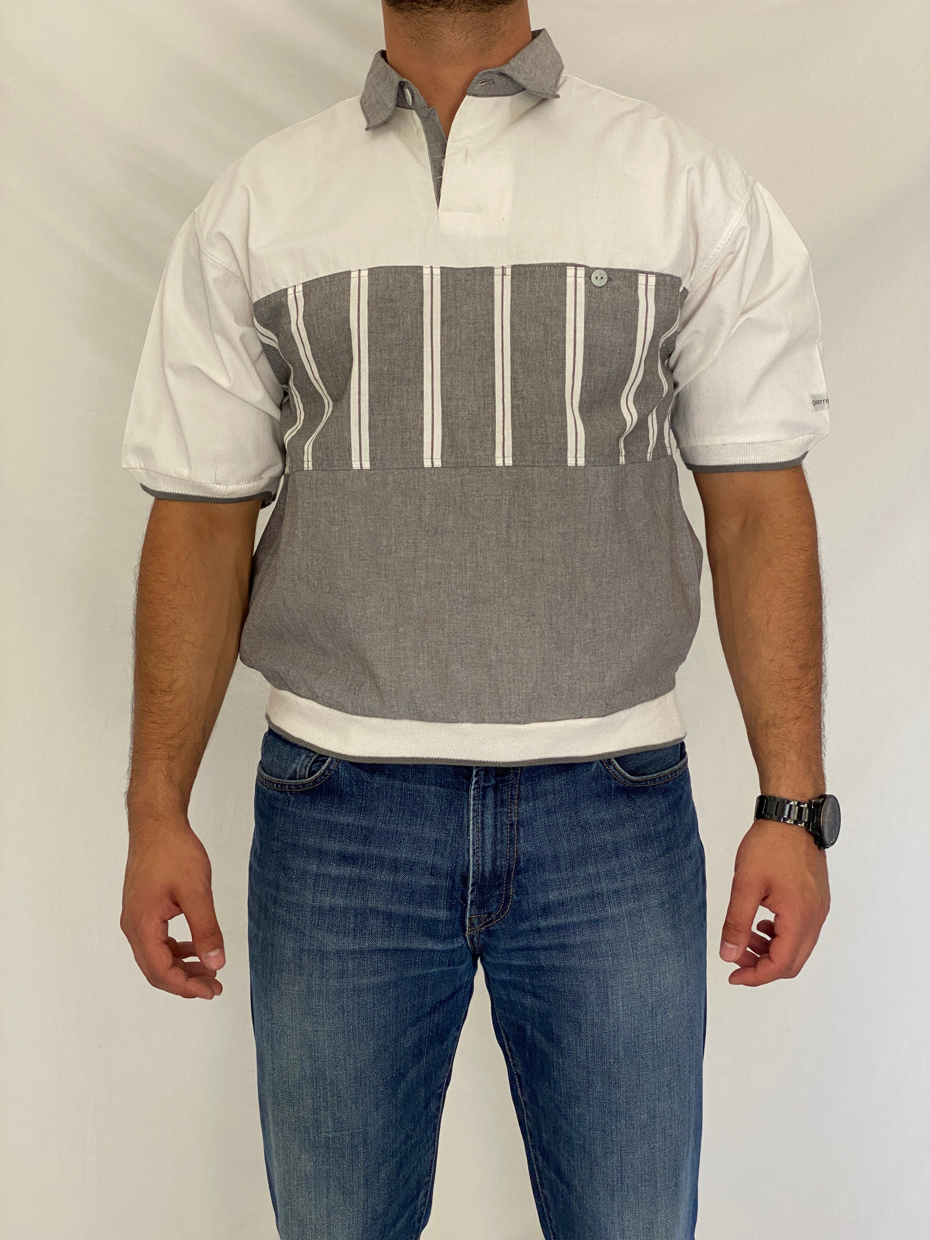 Vintage 90s Pierre Cardin Grey & White Color Block Polo Sweatshirt - M