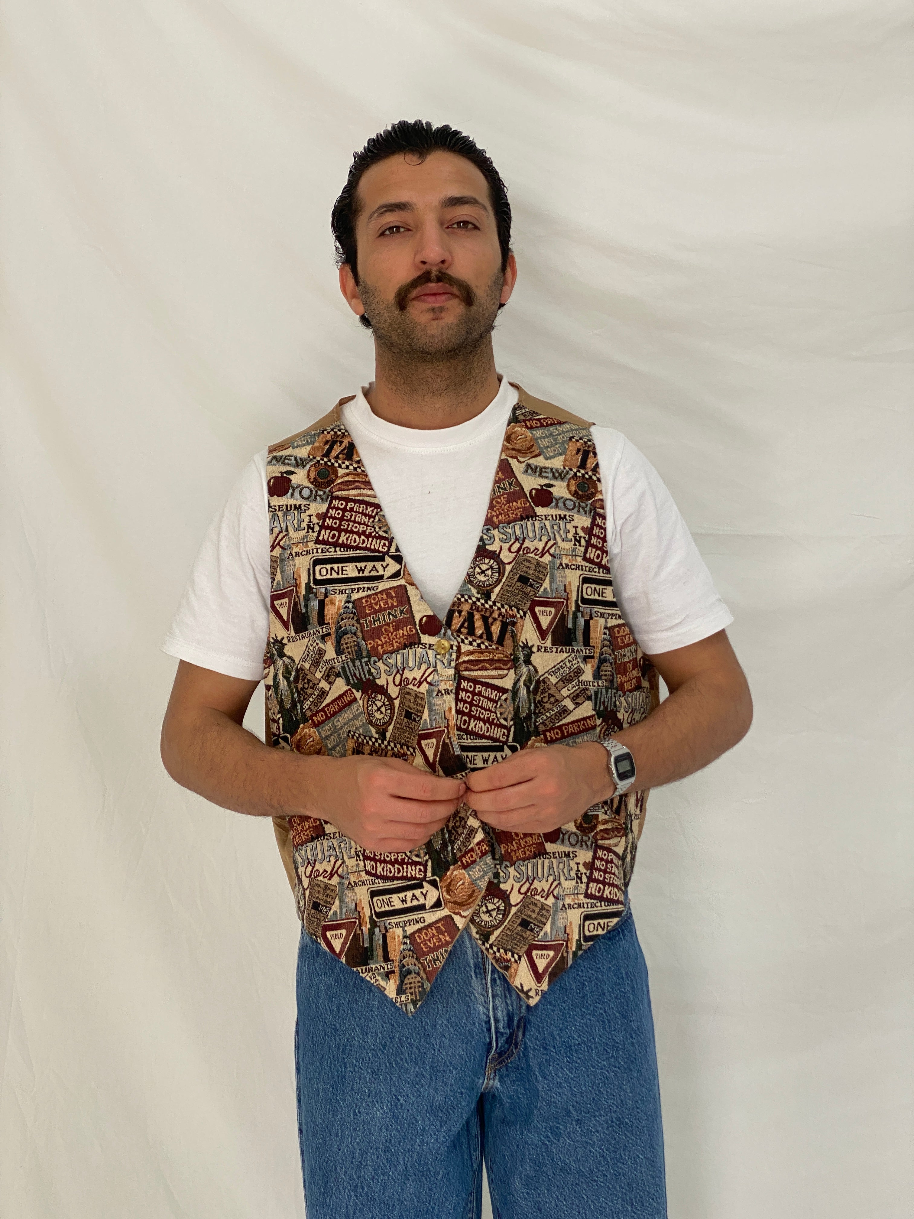 Vintage Basic Editions NYC Tapestry Vest Graphic Street Waistcoat – XL