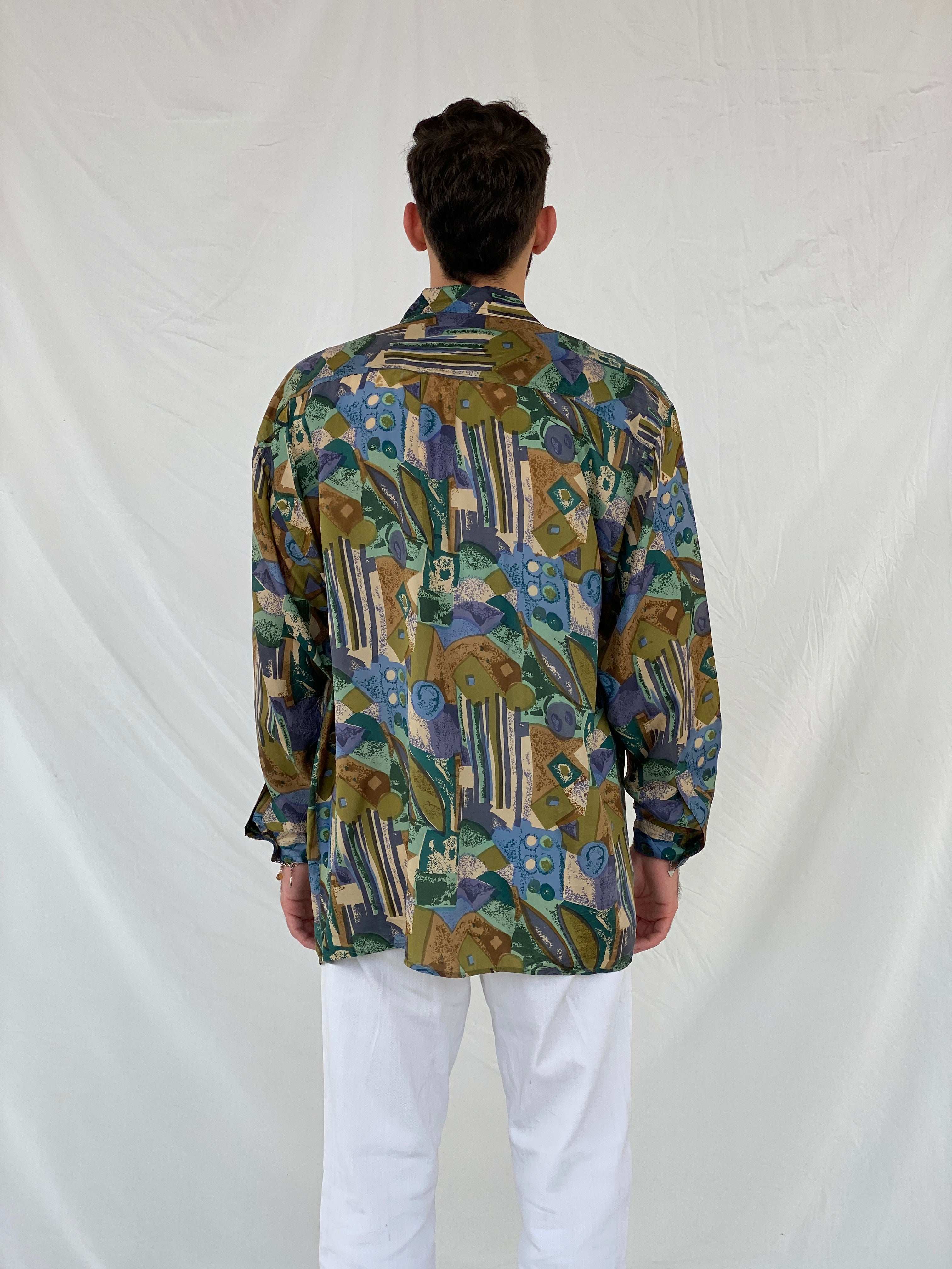 Vintage GALANT Green Printed Silk Full Sleeve Shirt - XL - Balagan Vintage Full Sleeve Shirt 90s, Awsam, NEW IN, printed silk shirt, silk, silk shirt