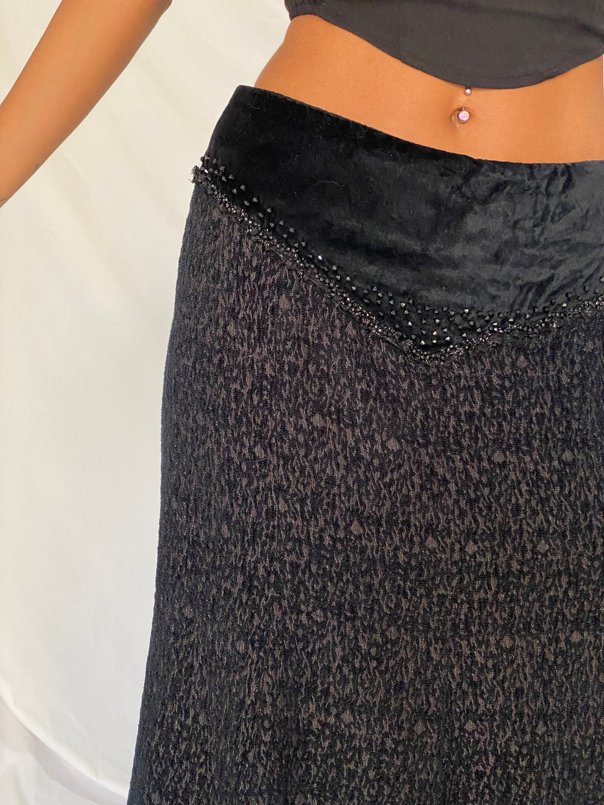 Vintage Whimsigoth Black Velvet Embellished Tulle Grunge Midi Skirt – M