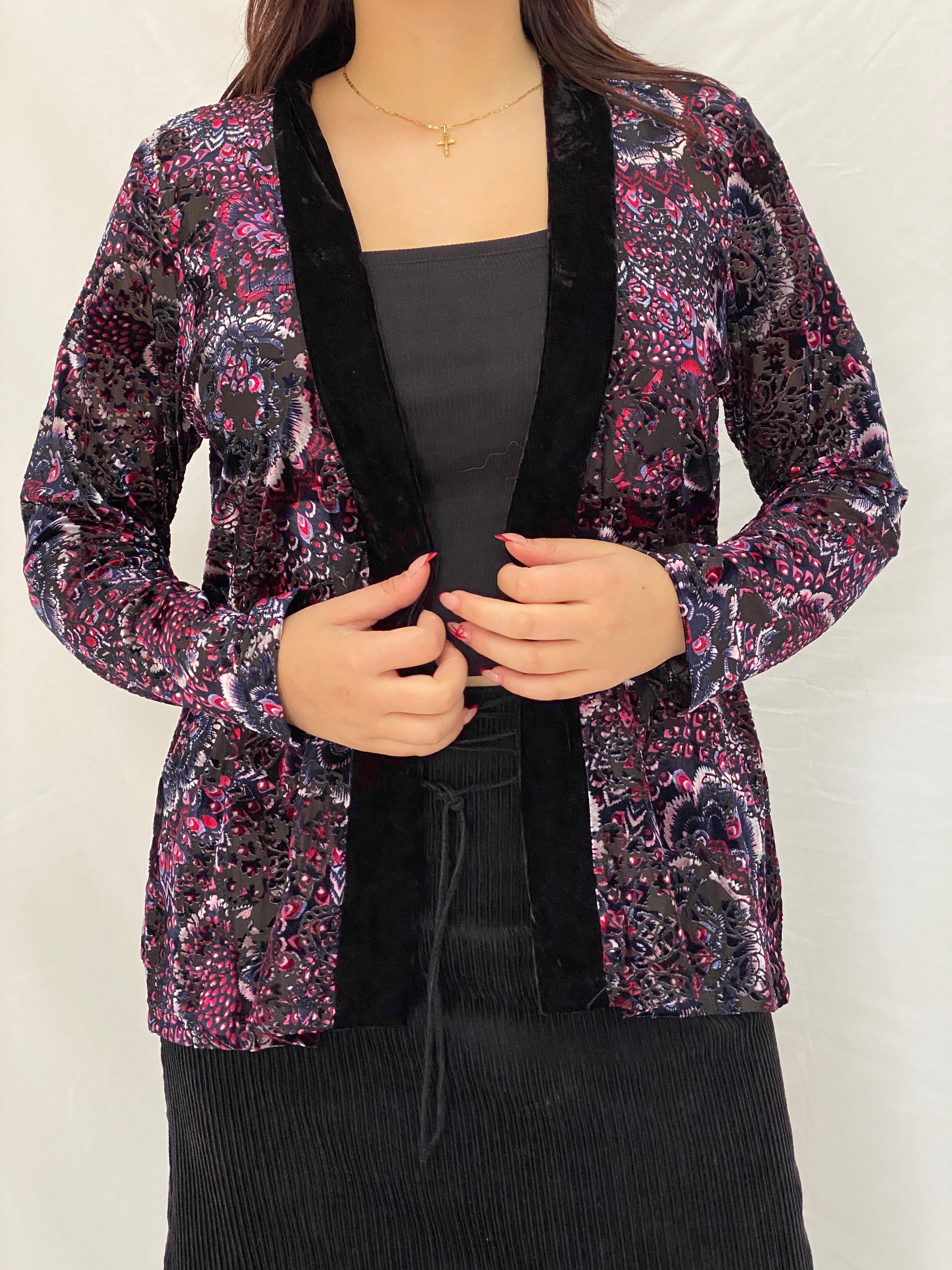 Vintage Millers Black Velvet Floral Paisley Open-Front Cardigan - L