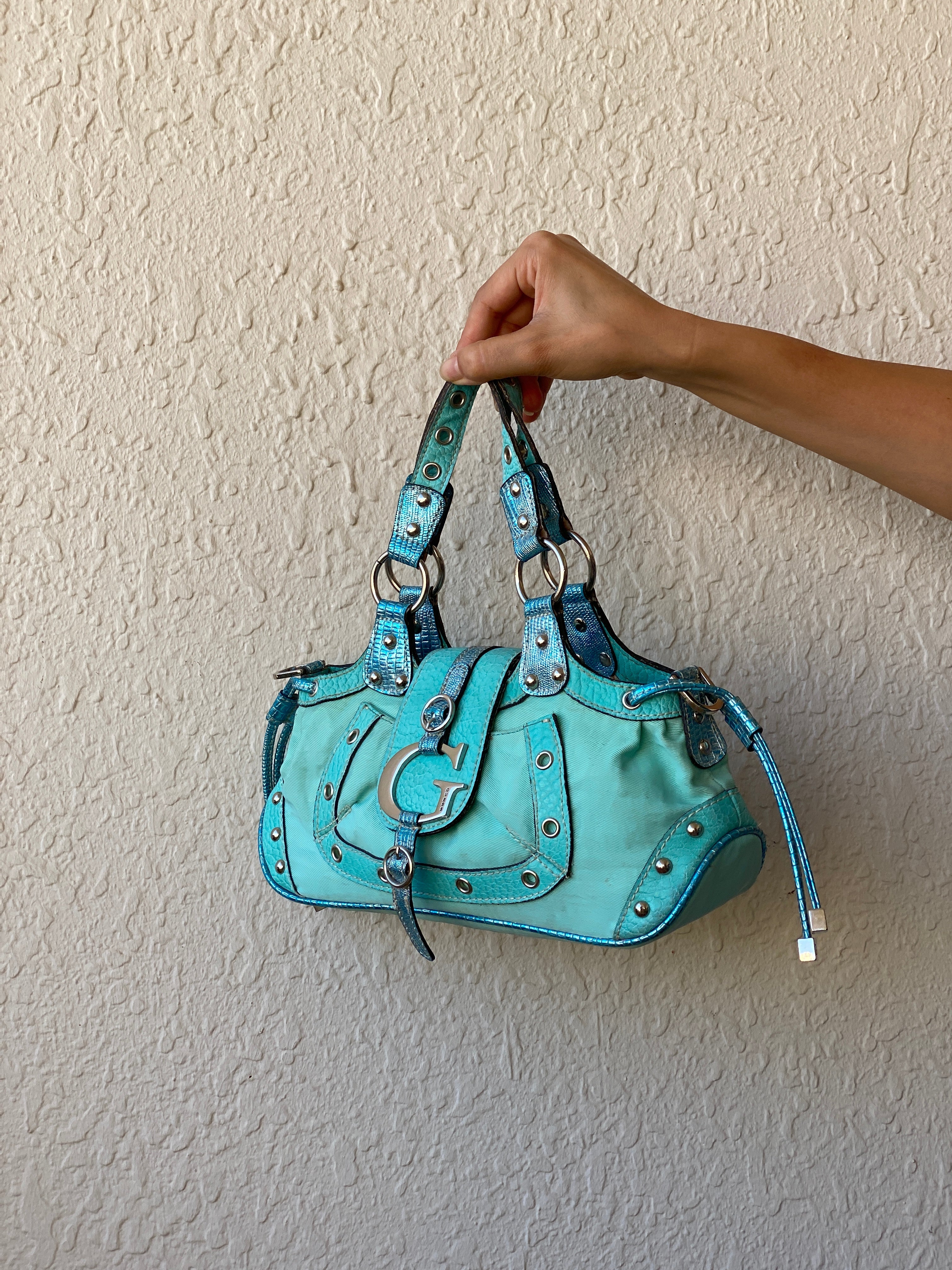 Vintage Y2K Guess Turquoise Satchel Bag with Logo G Hardware & Studded Trim Purse