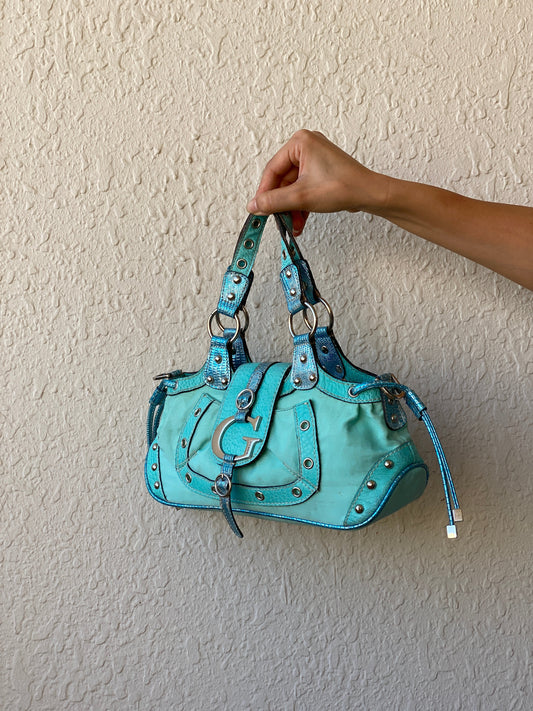 Vintage Y2K Guess Turquoise Satchel Bag with Logo G Hardware & Studded Trim Purse