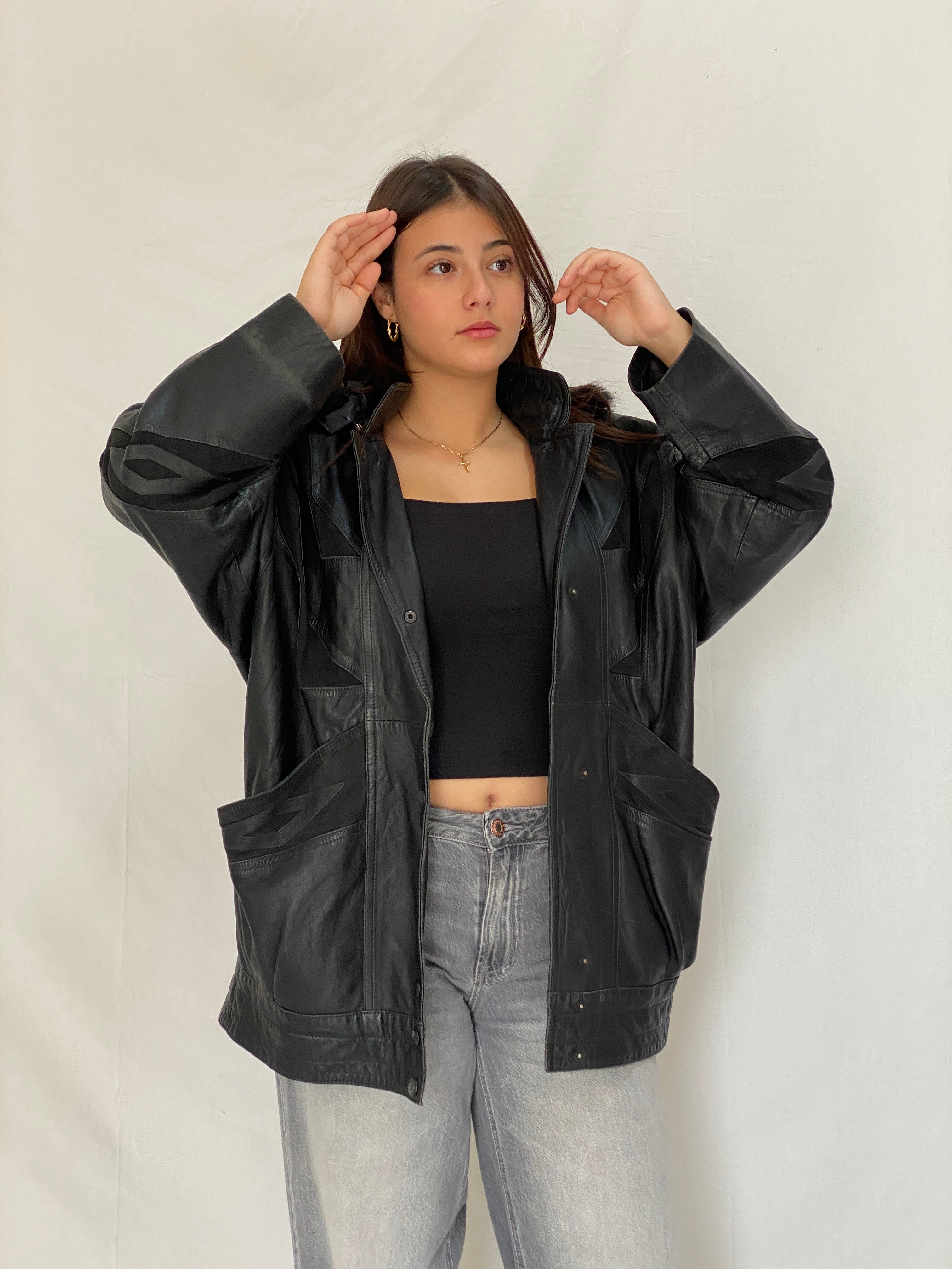 Vintage Black Leather Hooded Jacket with Suede Panels & Faux Fur Trim 90s Italian Style Bomber - L