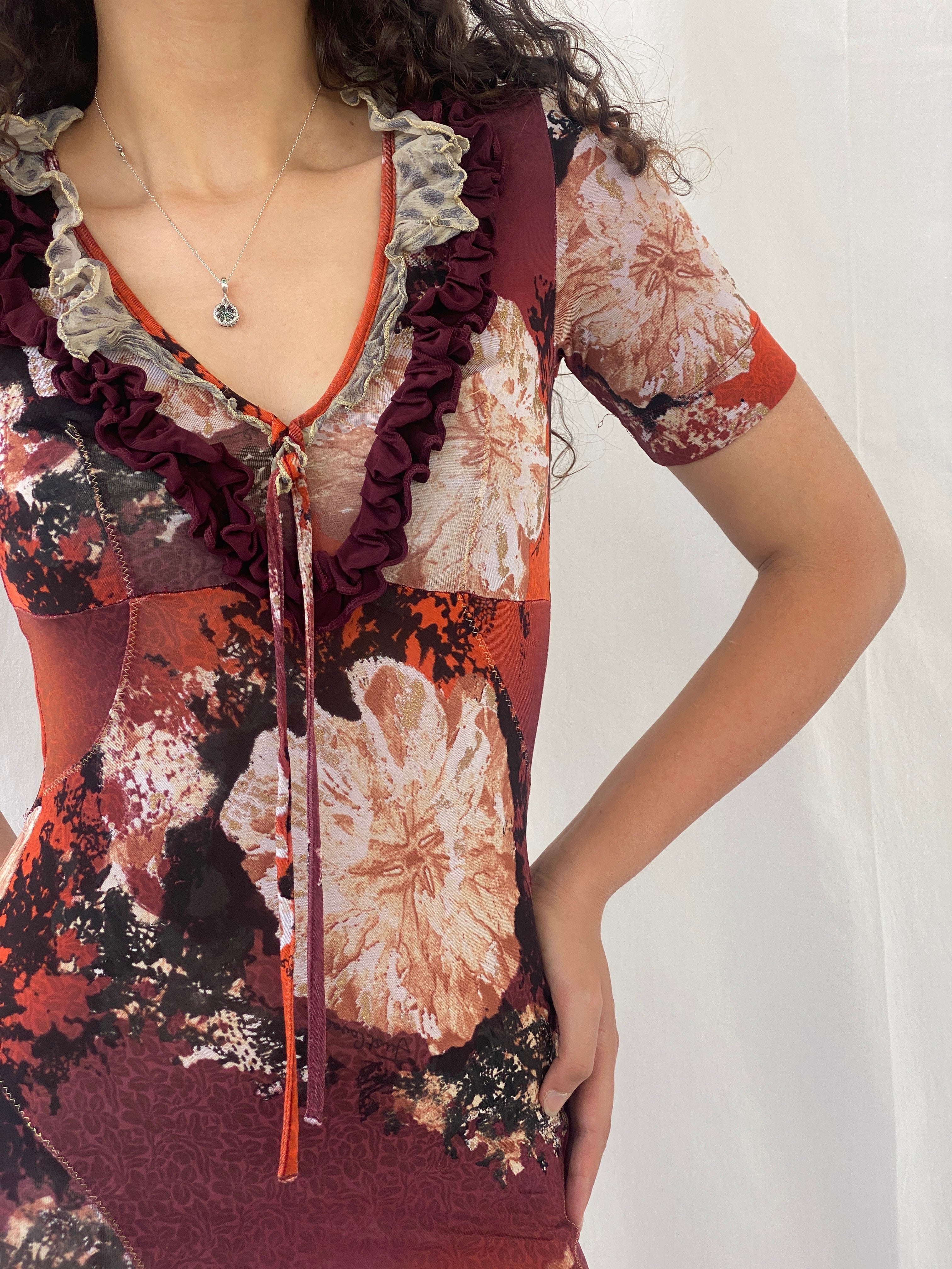 2000s Y2K Just Cavalli by Roberto Cavalli Orange Purple Floral Ruffled Neckline Short Dress - S