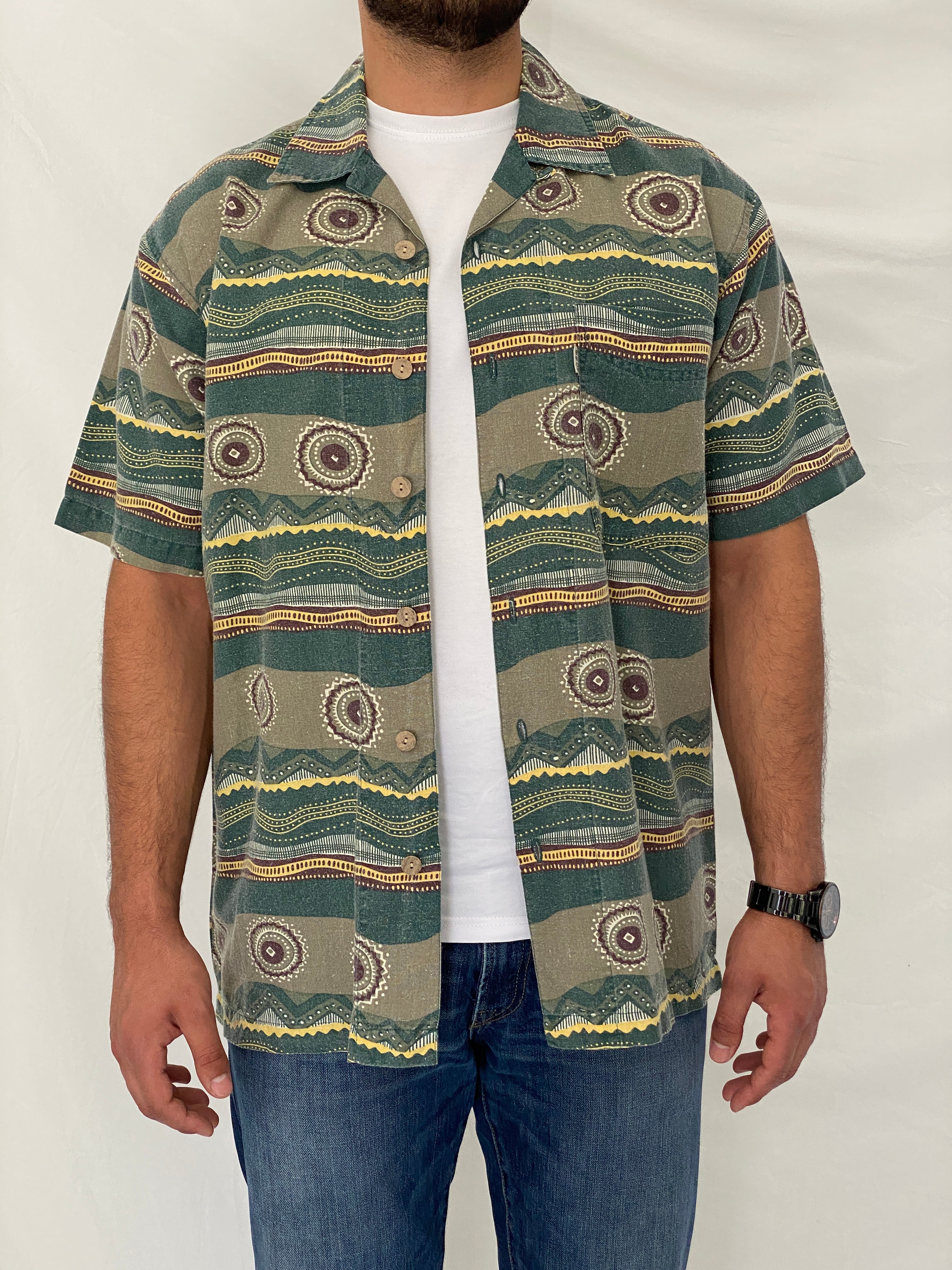 90s Bugle Boy Green Abstract Cotton Ramie Camp Shirt – M