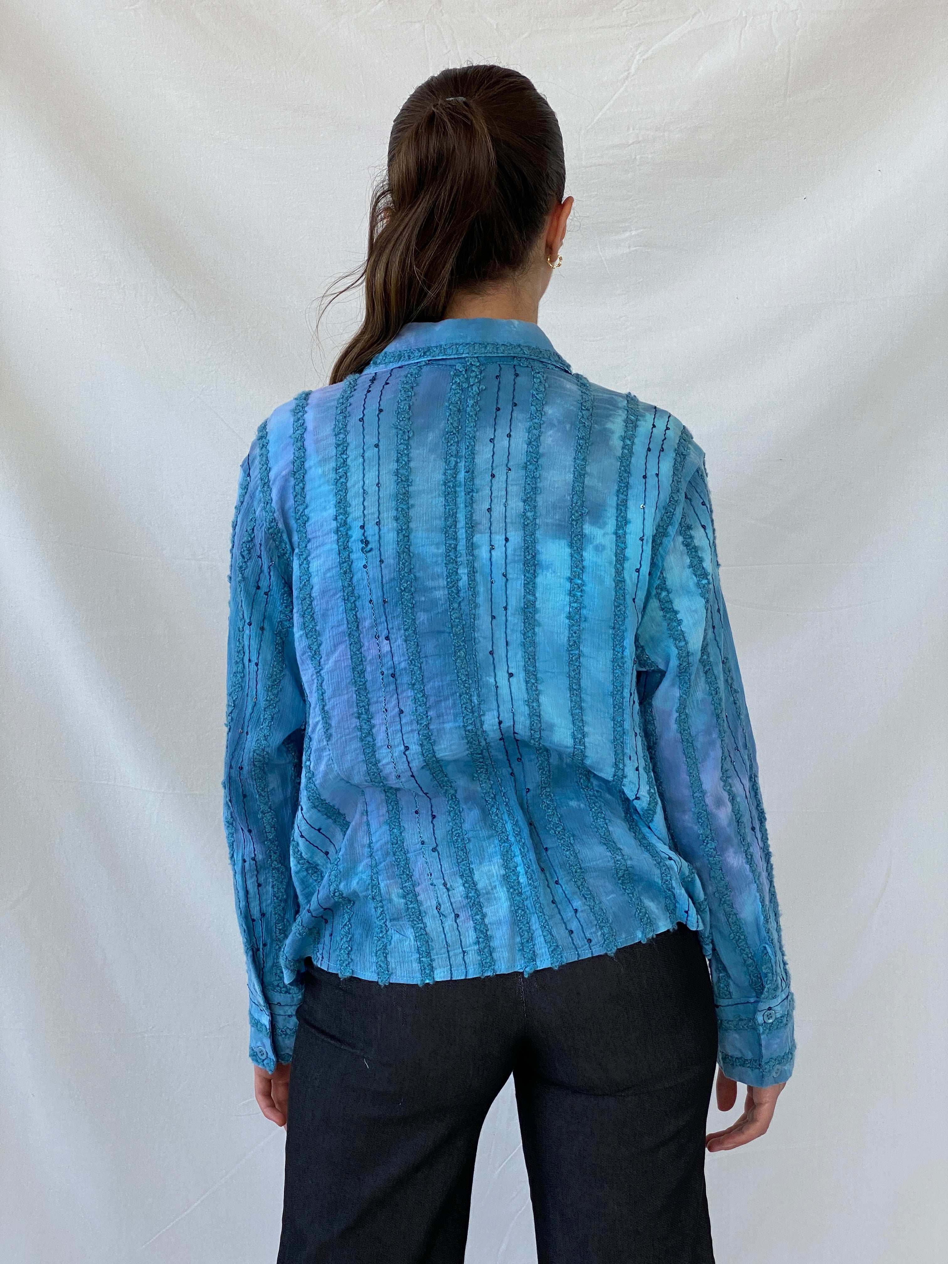 Vintage Tie-Dye Women’s Button Up Blue Sequin Cotton Shirt - M