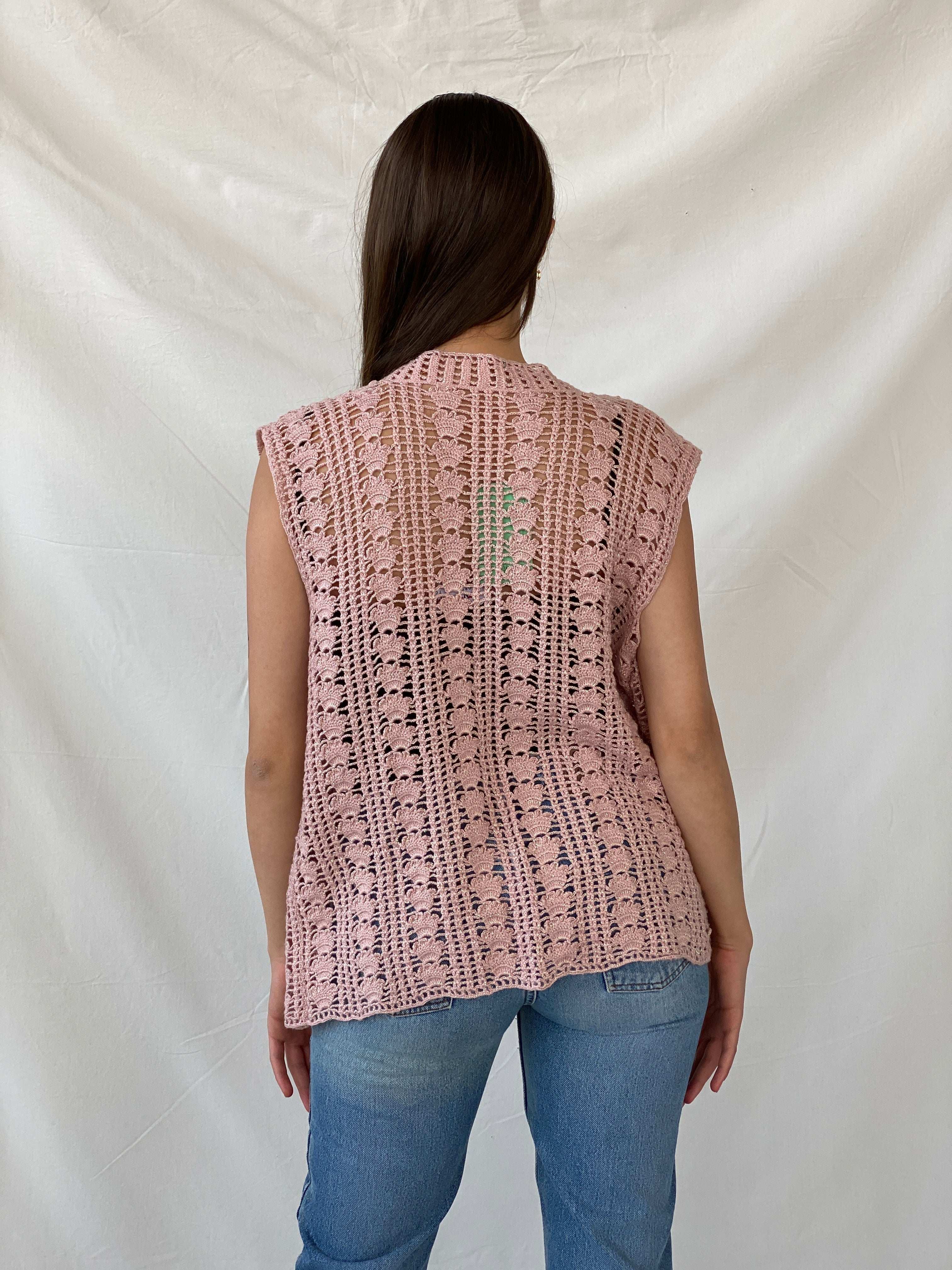 Vintage Handmade Shimmery Pink Knitted Crochet Vest - XL