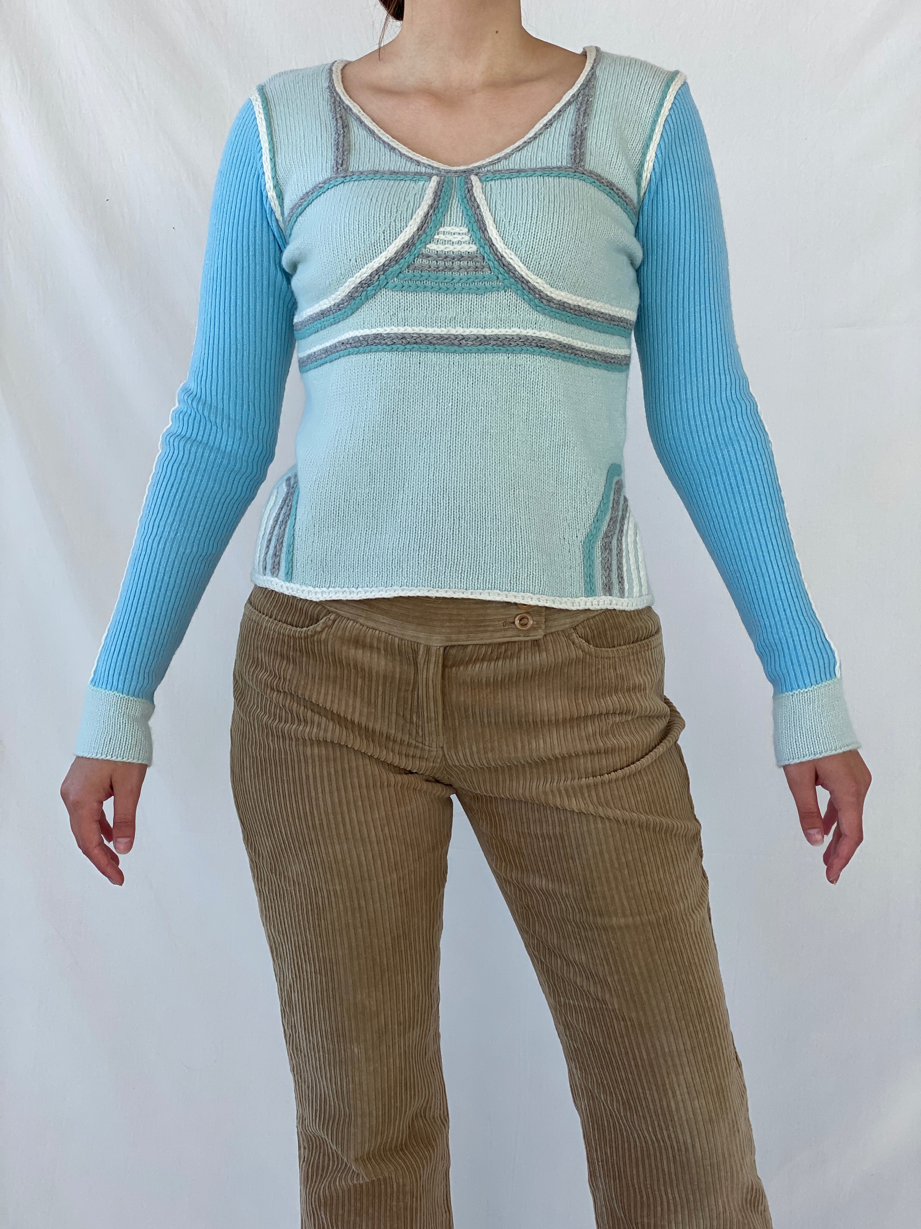 Vintage SUCHITA Rib Knit Pastel Blues Wool Long Sleeve Top - M