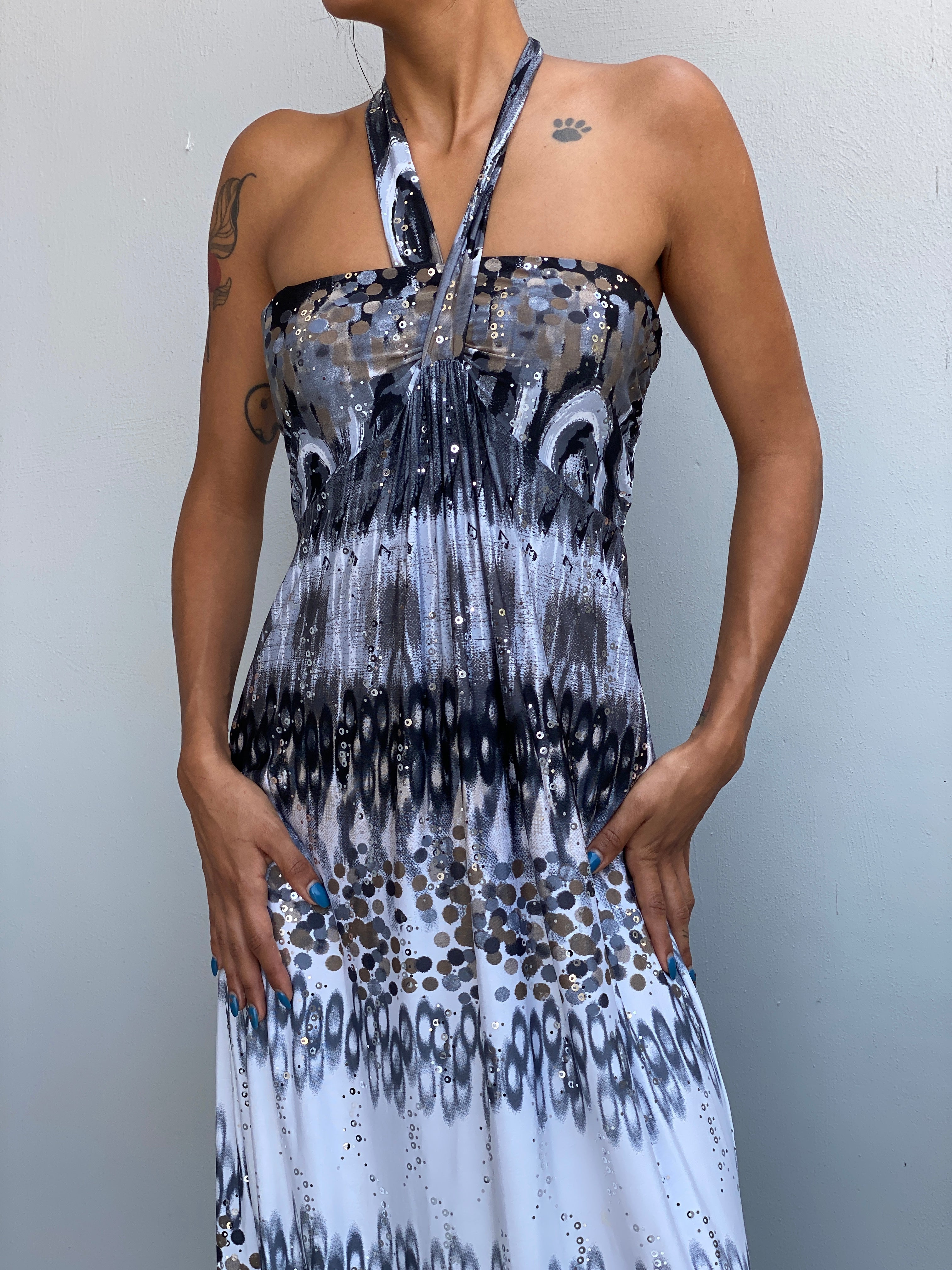 Vintage Y2K Evita Grey Black Sequin Halter Neck Maxi Dress - S