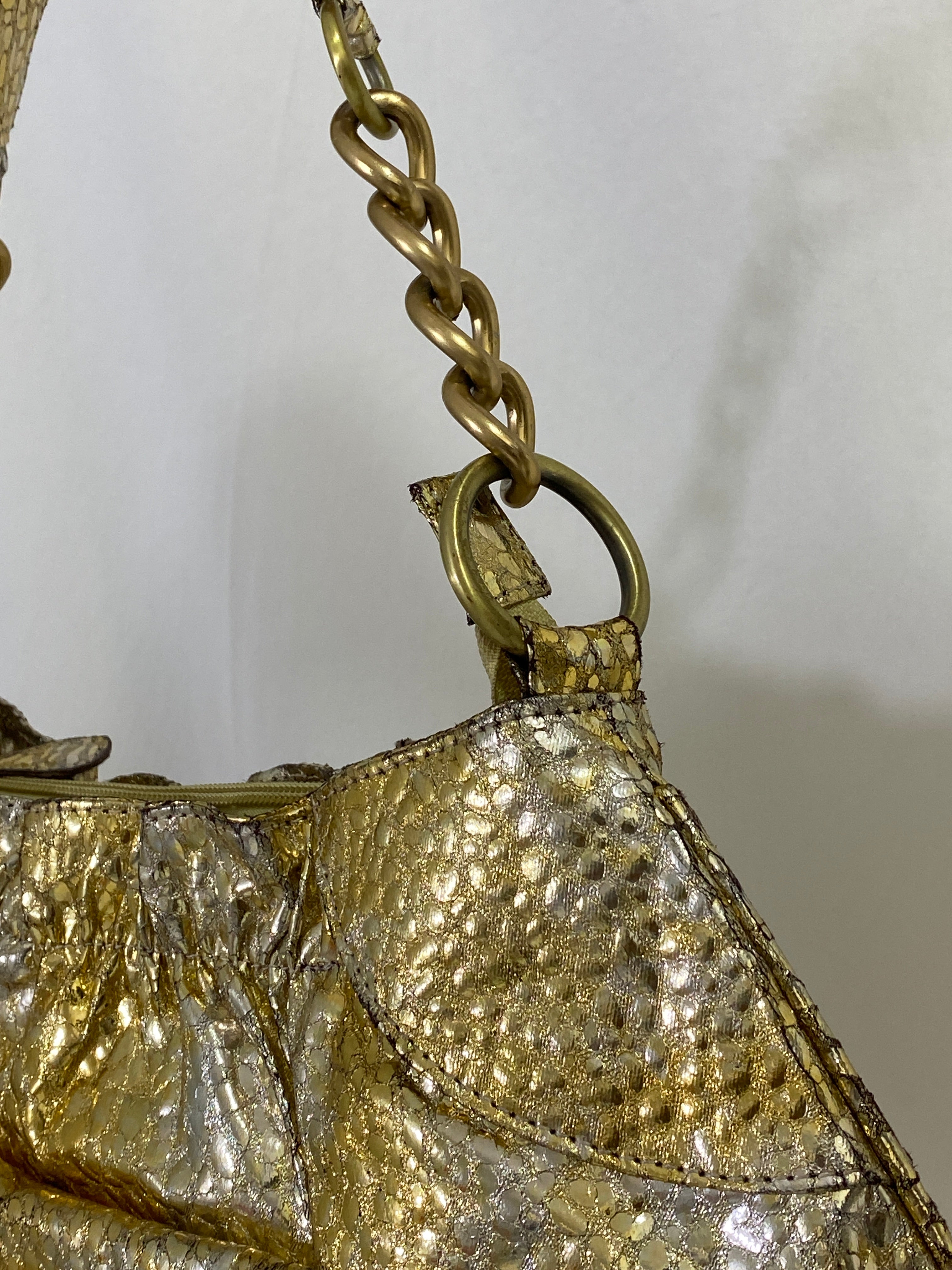 Vintage Gold & Silver Purse Metallic Faux Leather Shoulder Bag with Chain Strap