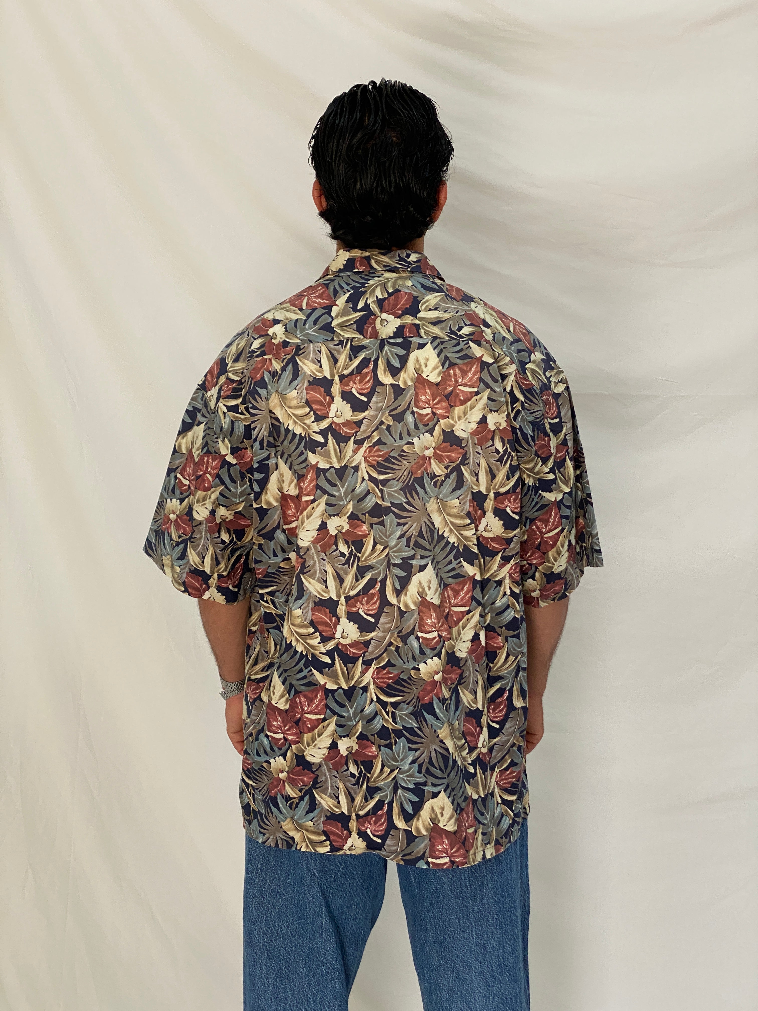 Vintage 90s Campia Moda Tropical Hawaiian Navy Floral Cotton Shirt - XL