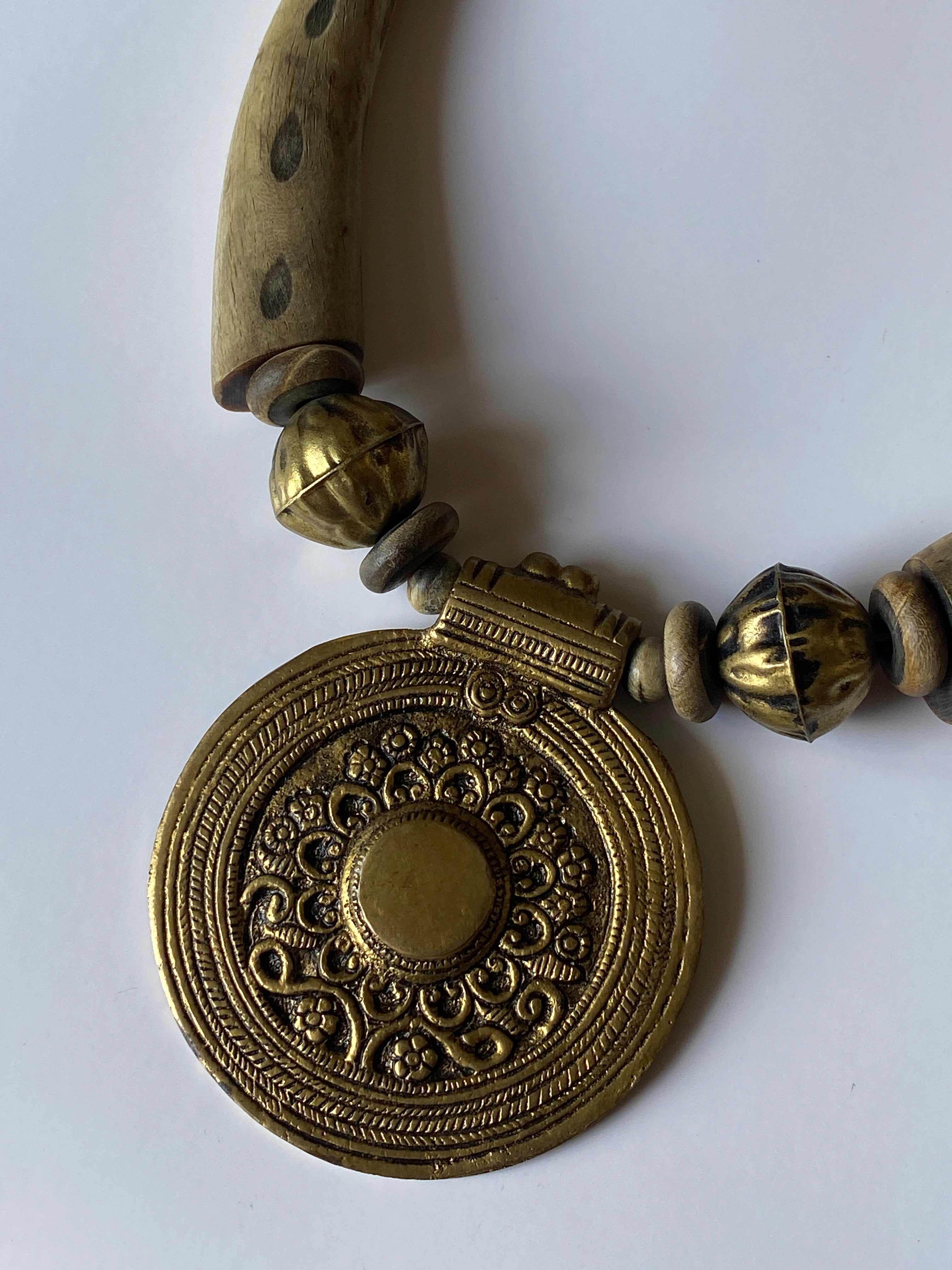 Vintage Boho Ethnic Wood Brass Statement Necklace