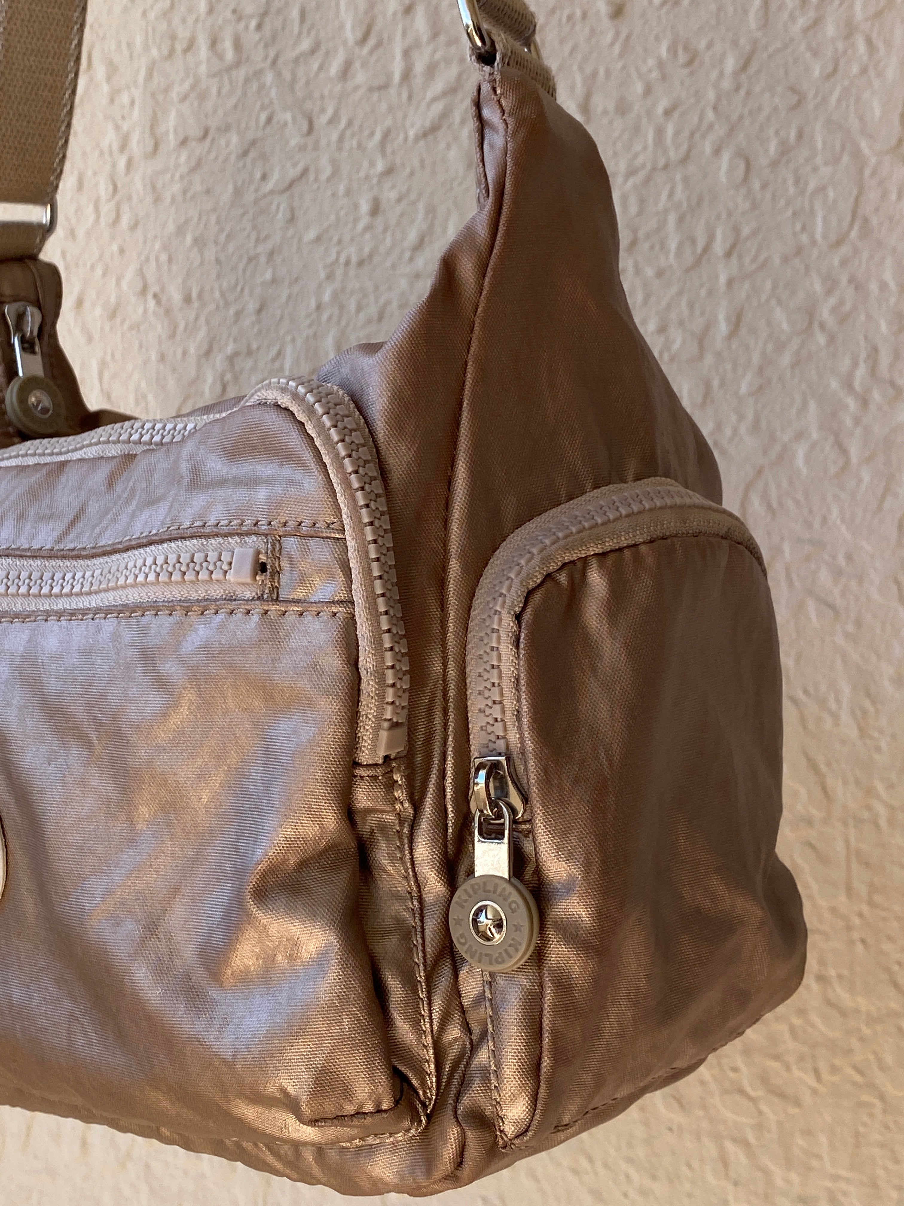 Y2K Kipling Metallic Taupe Nylon Multi-Pocket Crossbody Bag with Monkey Charm