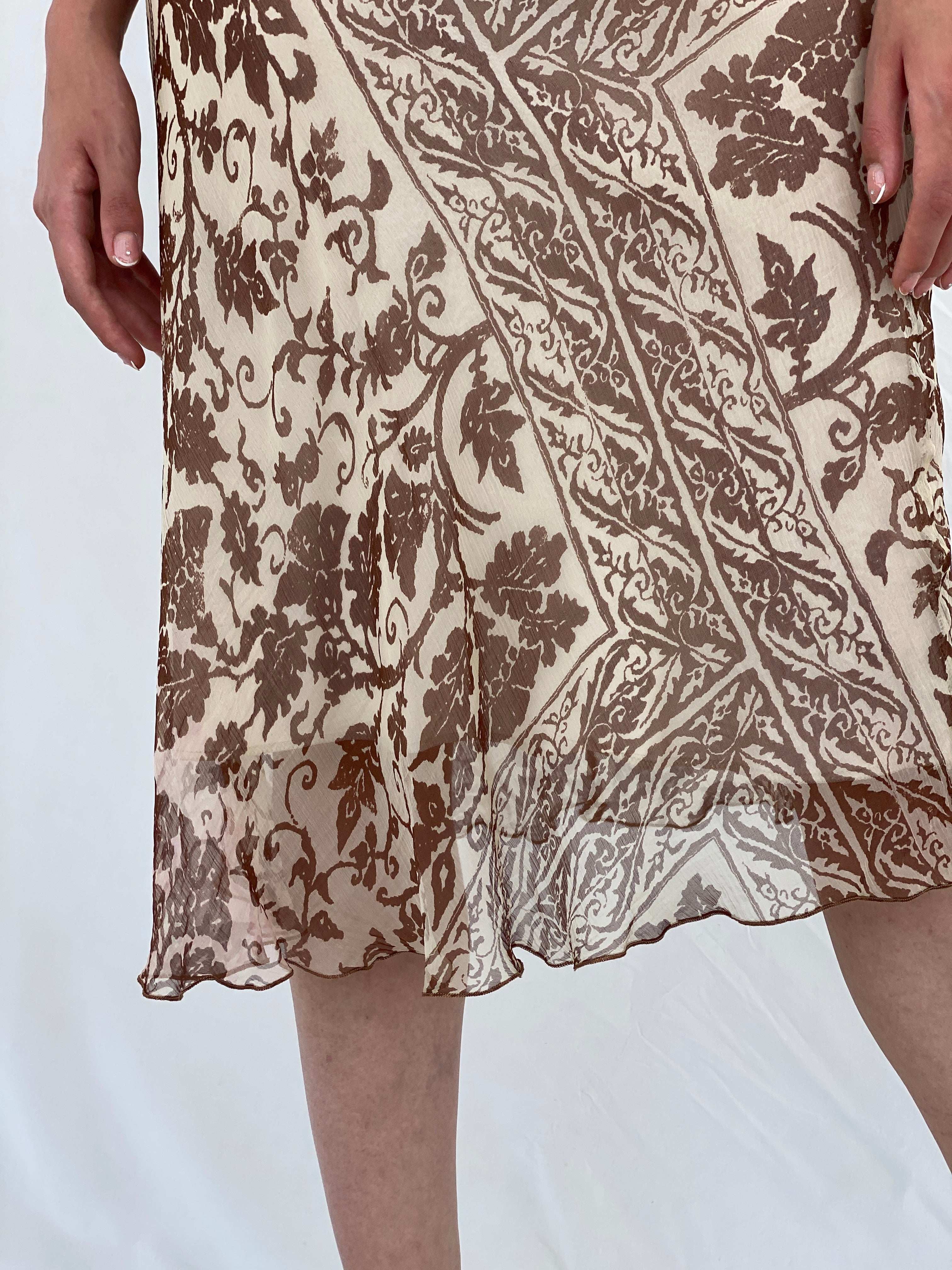 Vintage 90s Sinéquanone Brown and Beige Floral Silk Midi Skirt - M - Balagan Vintage Midi Skirt 00s, 90s, floral, floral skirt, midi skirt, Mira, NEW IN, striped