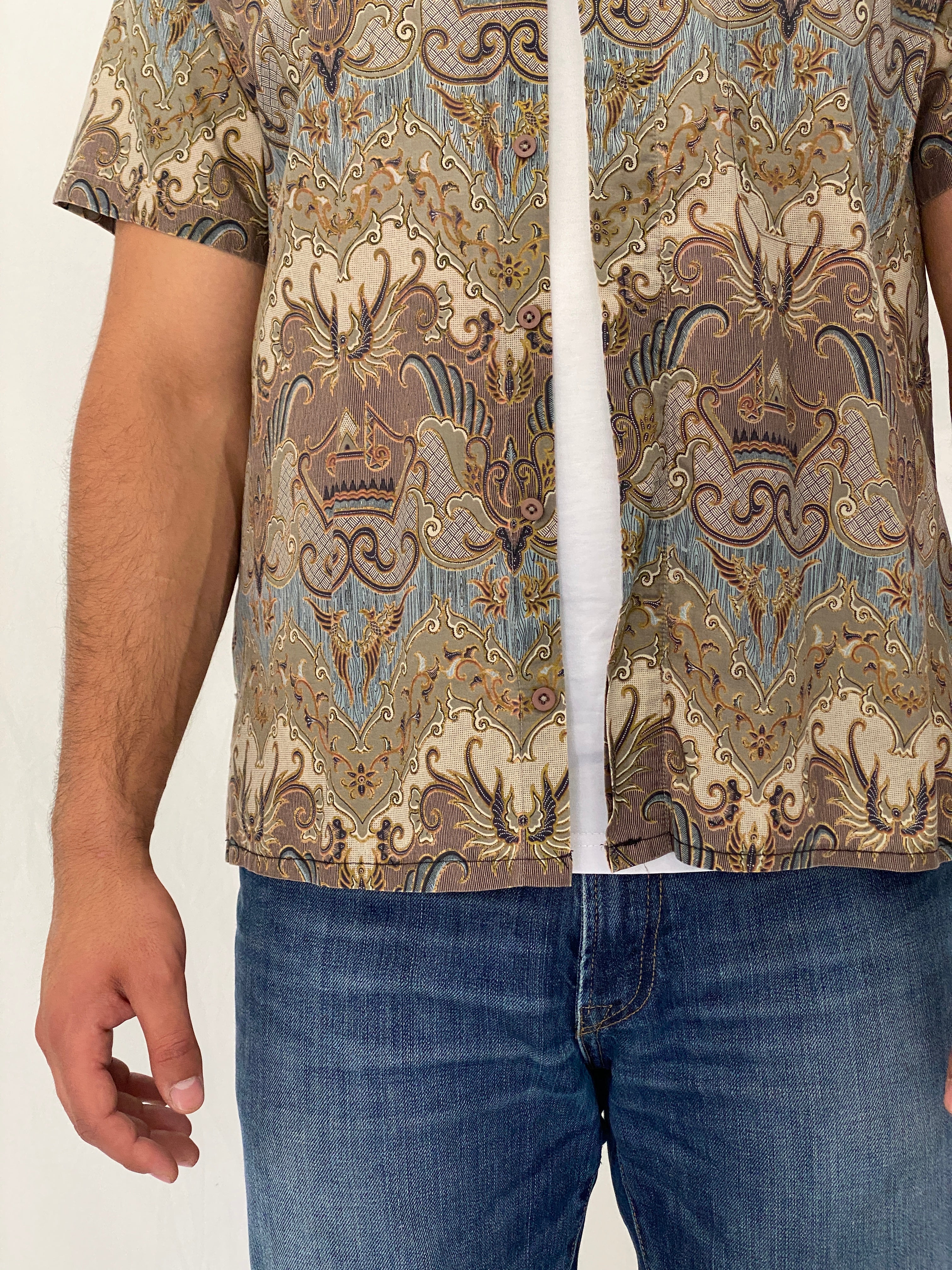 Vintage 90s Baroque Paisley Print Short Sleeve Cotton Button-Up Shirt – XL