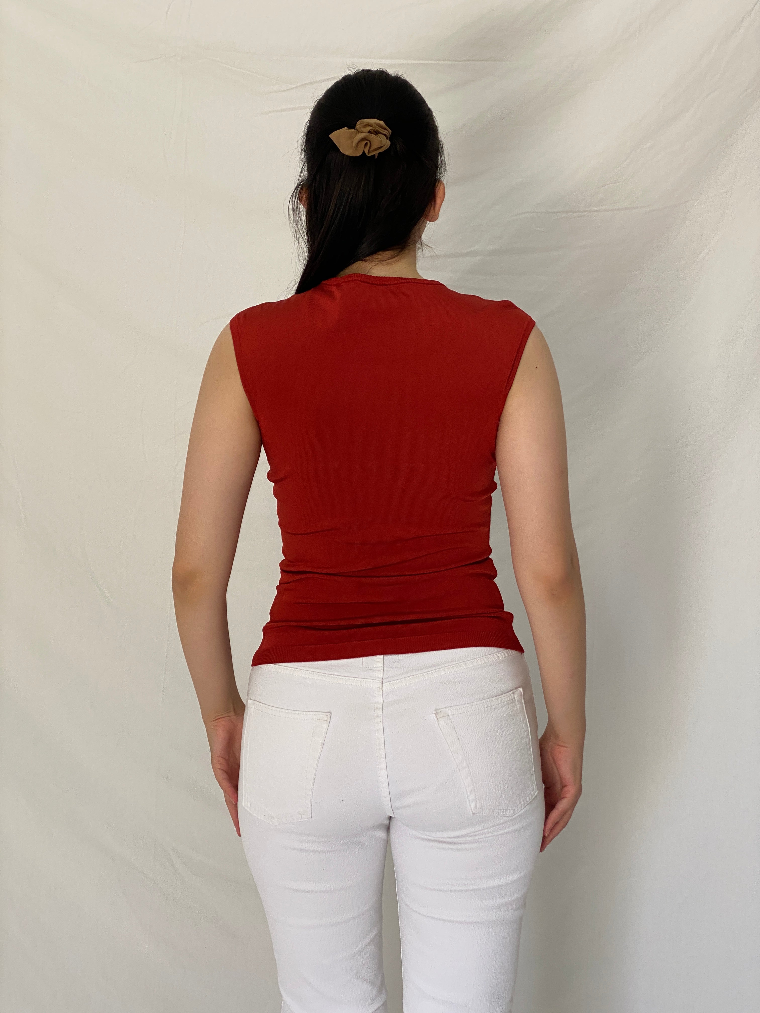 Vintage Y2K Cache Rust Red Rayon Blend Keyhole Knit Top – S
