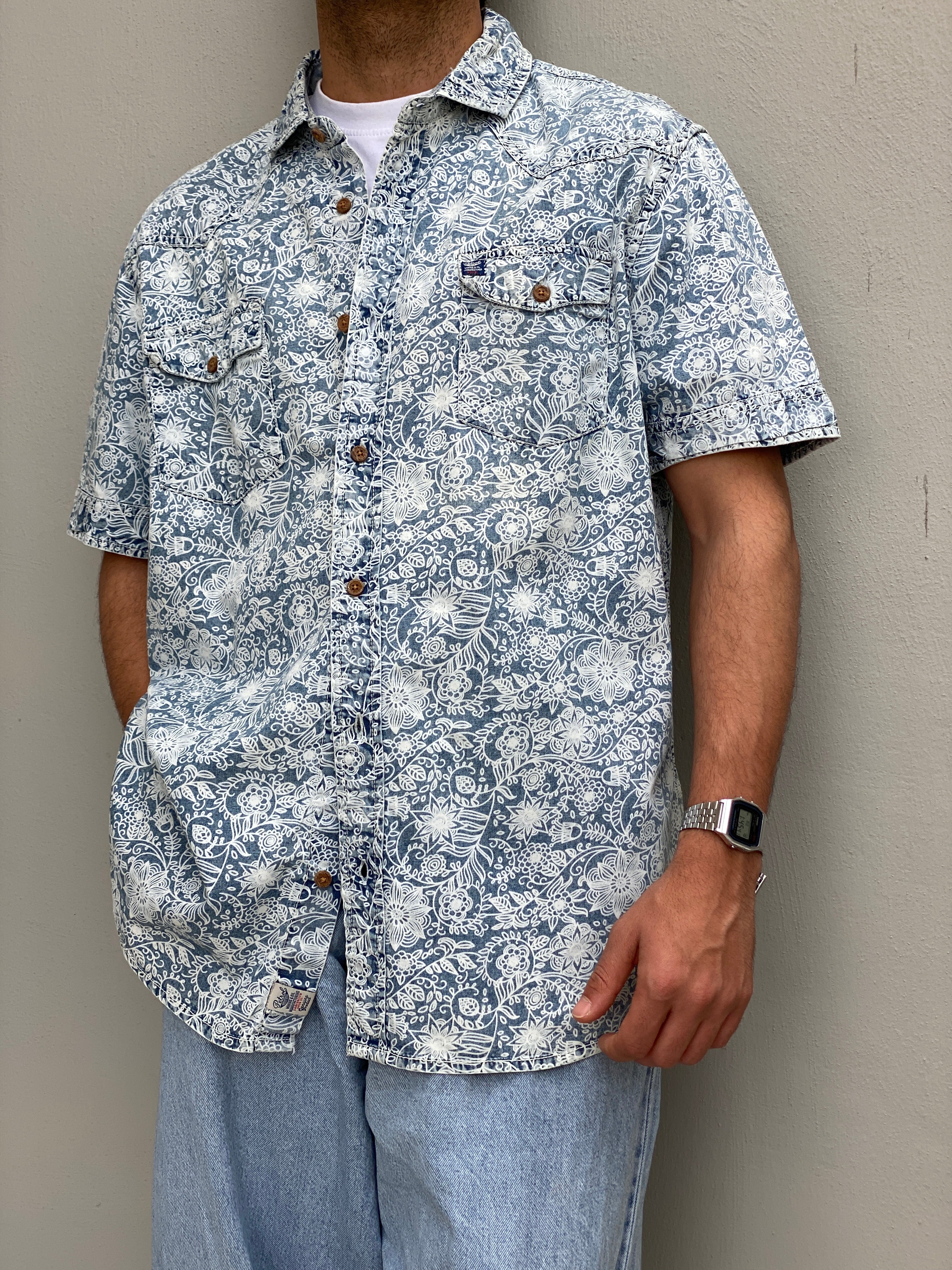 Vintage Petrol Industries Blue Floral Workwear Short Sleeve Men’s Shirt – 2XL