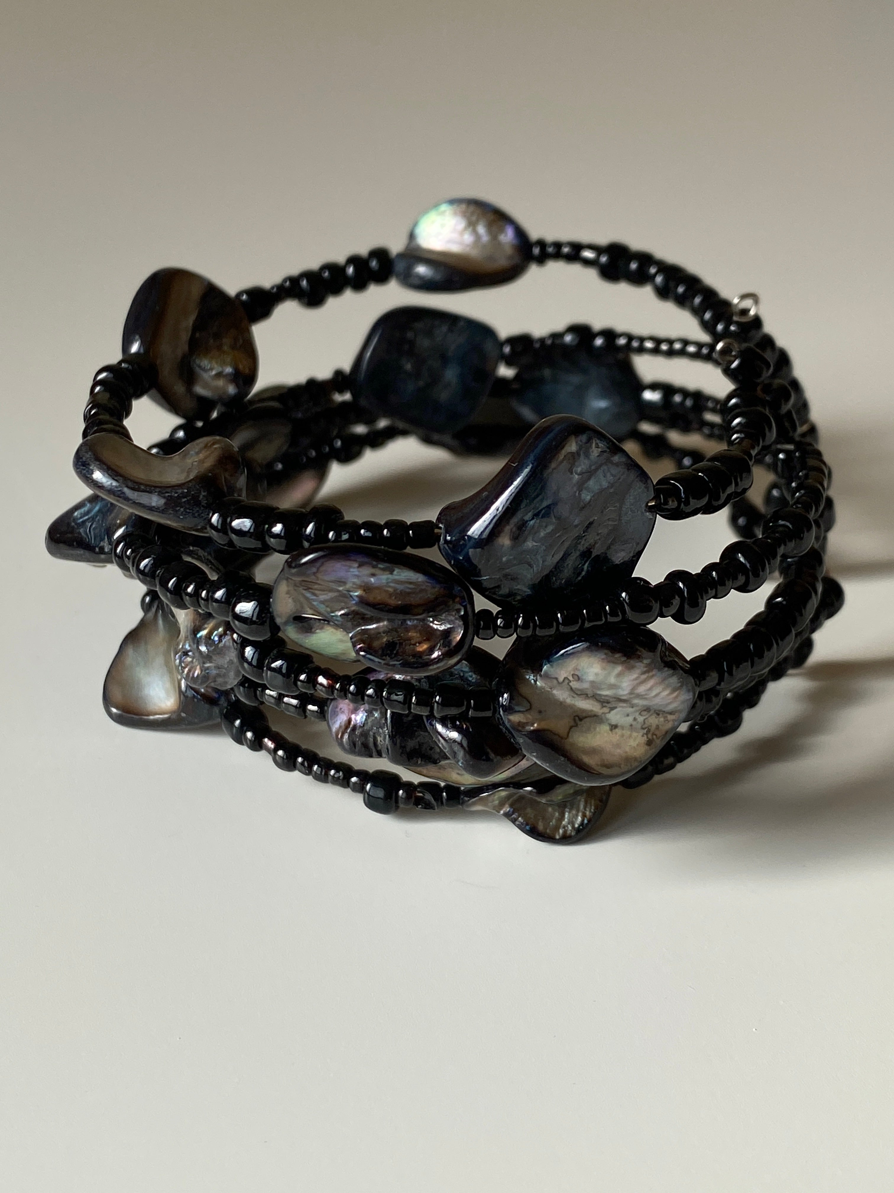 Vintage Y2K Black Beaded Wrap Bracelet with Shell Cabochon Stones Boho Statement Jewelry