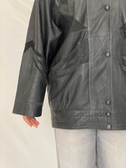 Vintage Black Leather Hooded Jacket with Suede Panels & Faux Fur Trim 90s Italian Style Bomber - L